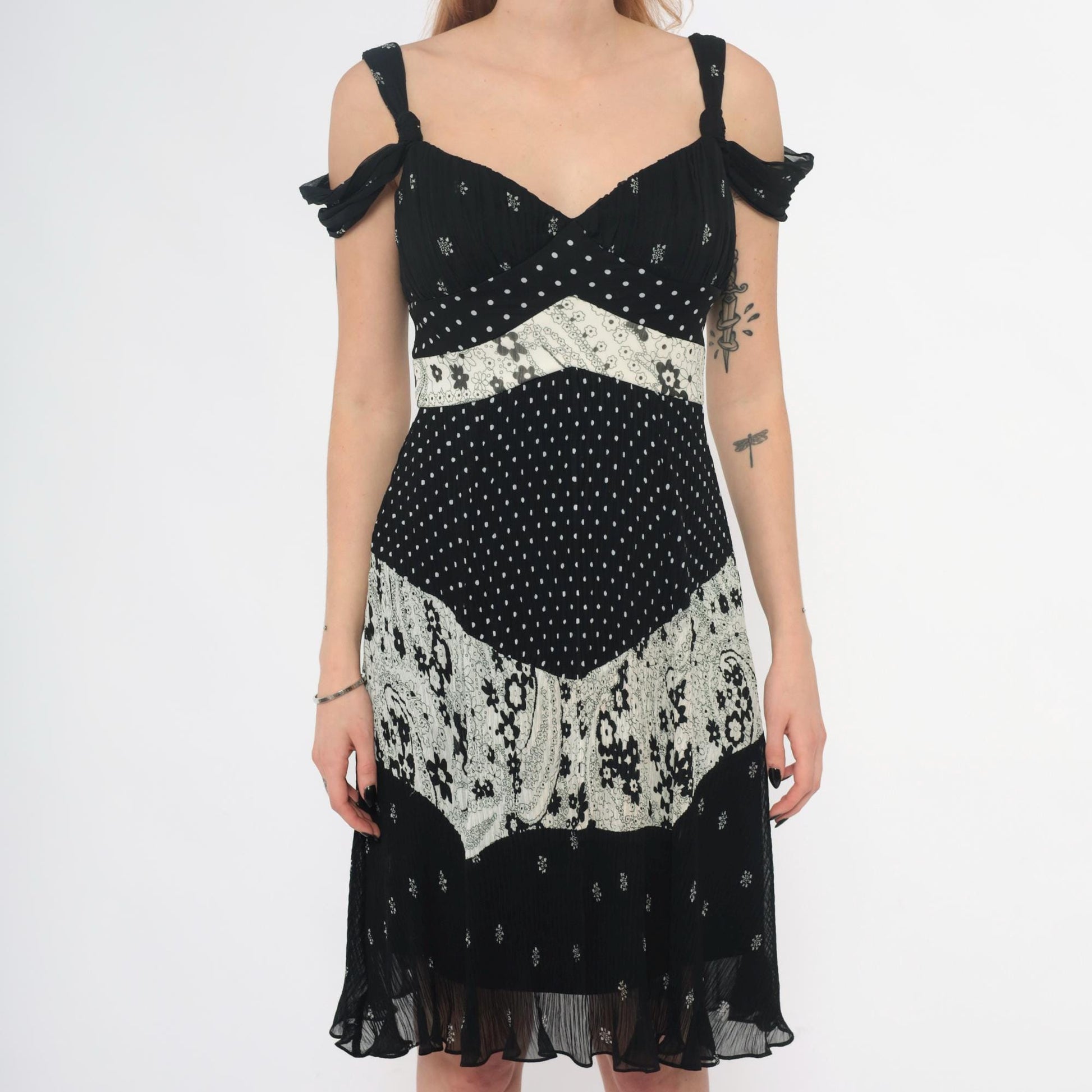 Y2K Alberto Makali Black Mini Dress Mixed Print Cold Shoulder Small S
