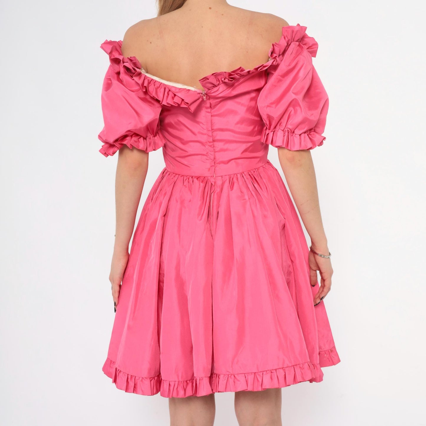 70s Hot Pink Off-Shoulder Puff Sleeve Dress Ruffle Hem Extra Small XS