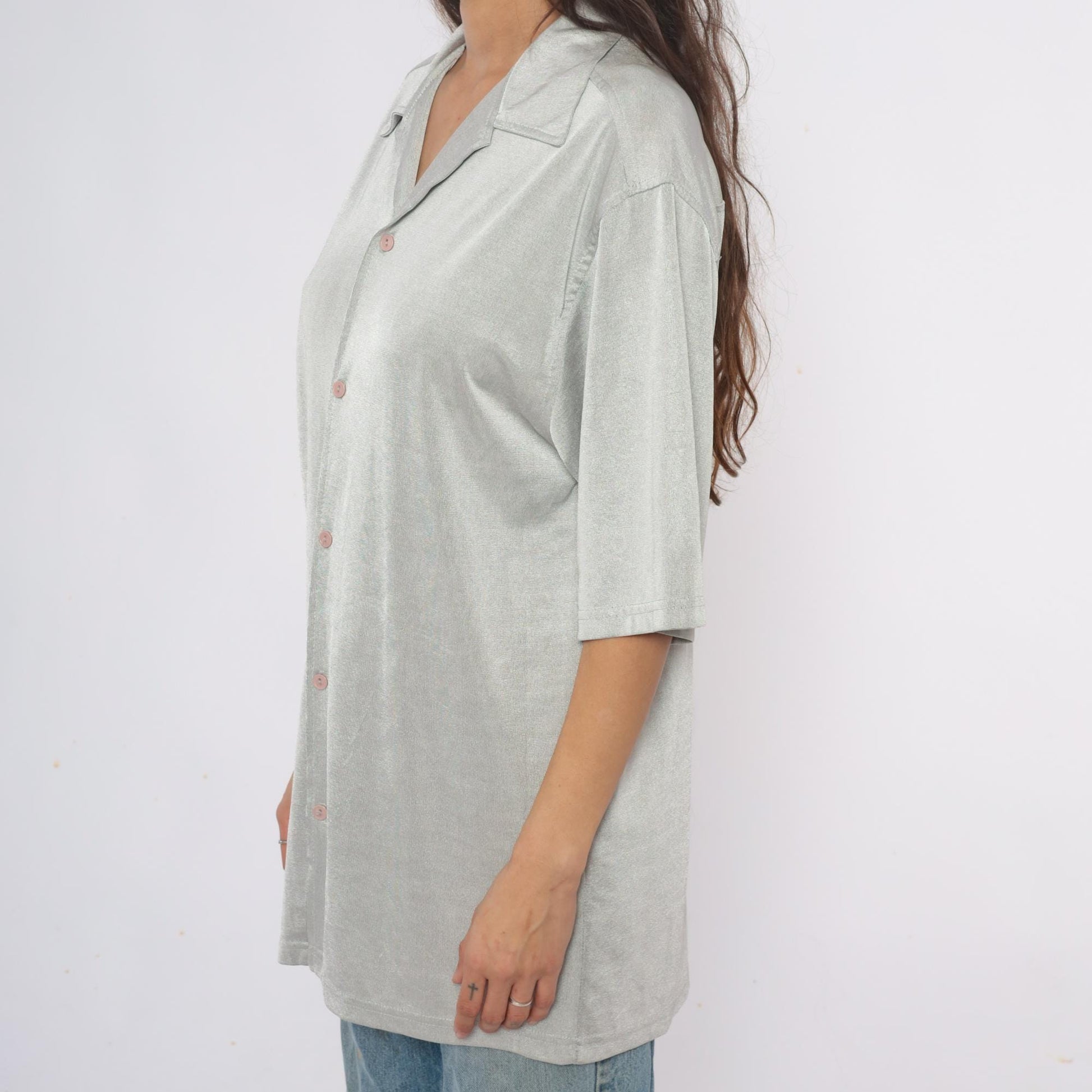 90s Silver Button-Front Tunic Shirt Three-Quarter Sleeve Extra Large XL