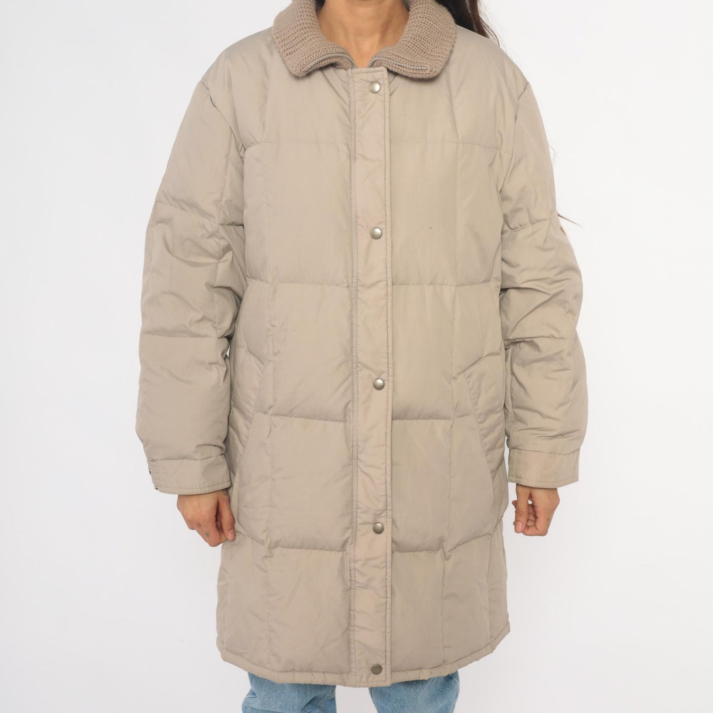 80s Beige Quilted Puffer Coat Down Filled Long Jacket Knit Collar Large L