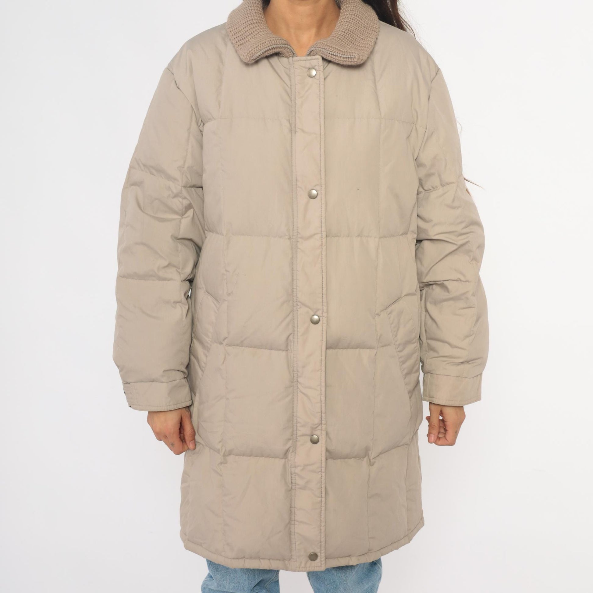 80s Beige Quilted Puffer Coat Down Filled Long Jacket Knit Collar Large L