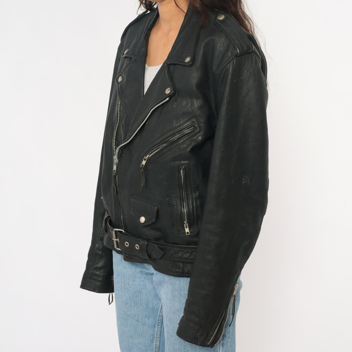 90s Wilsons Leather Black Motorcycle Jacket Belted Zip Silver Hardware Small S