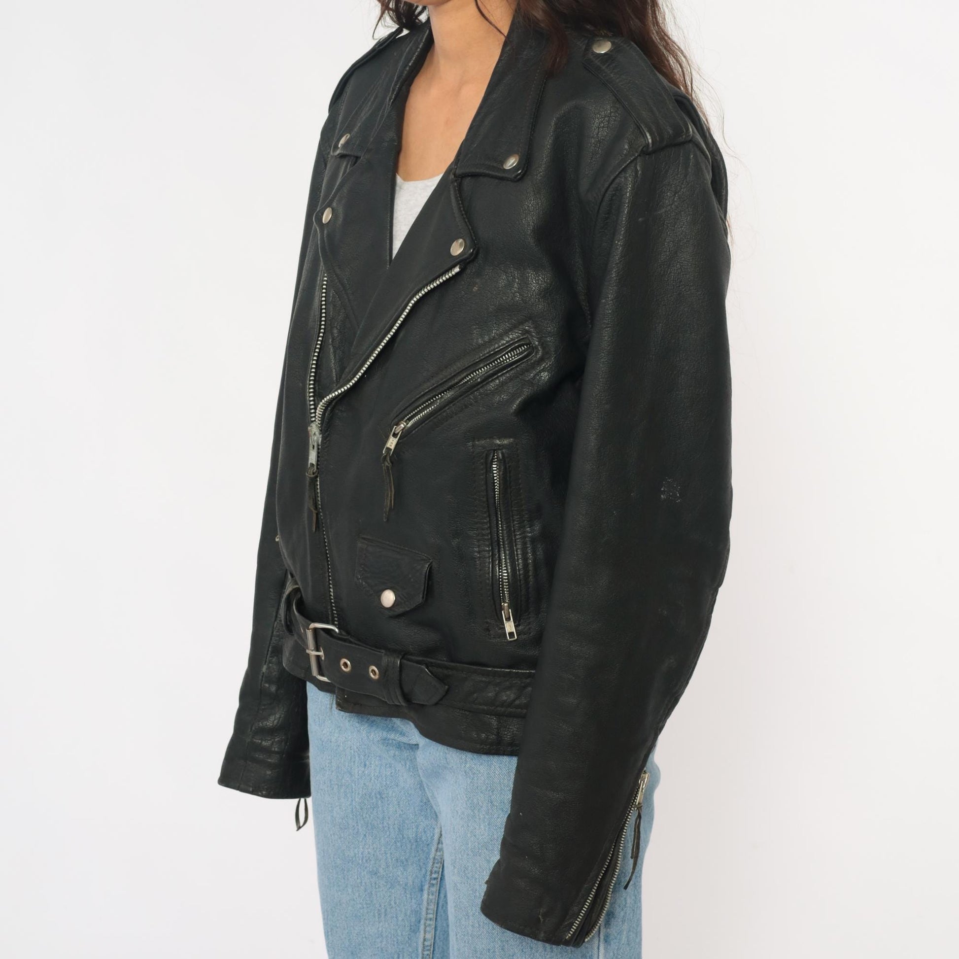 90s Wilsons Leather Black Motorcycle Jacket Belted Zip Silver Hardware Small S