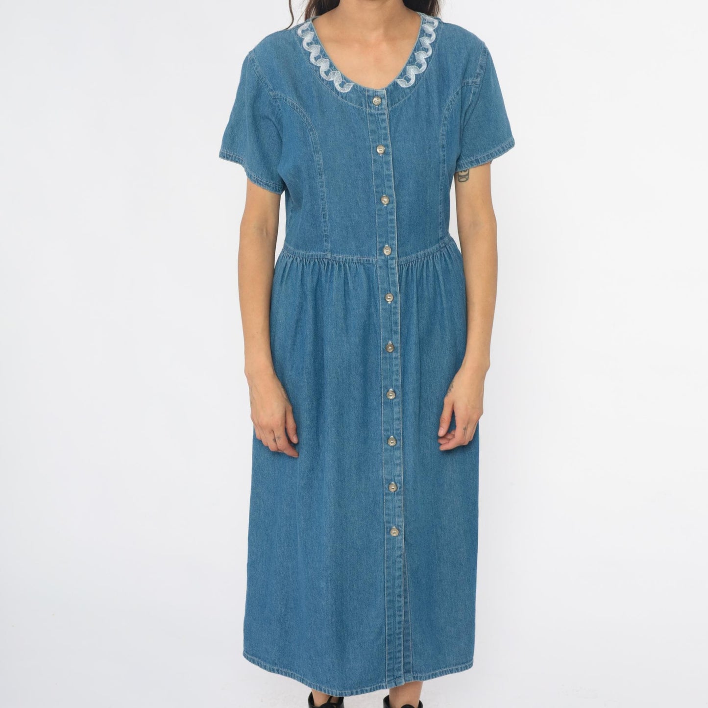 90s G.S. Denims Midi Dress Blue Embroidered Collar Gathered Waist Large L