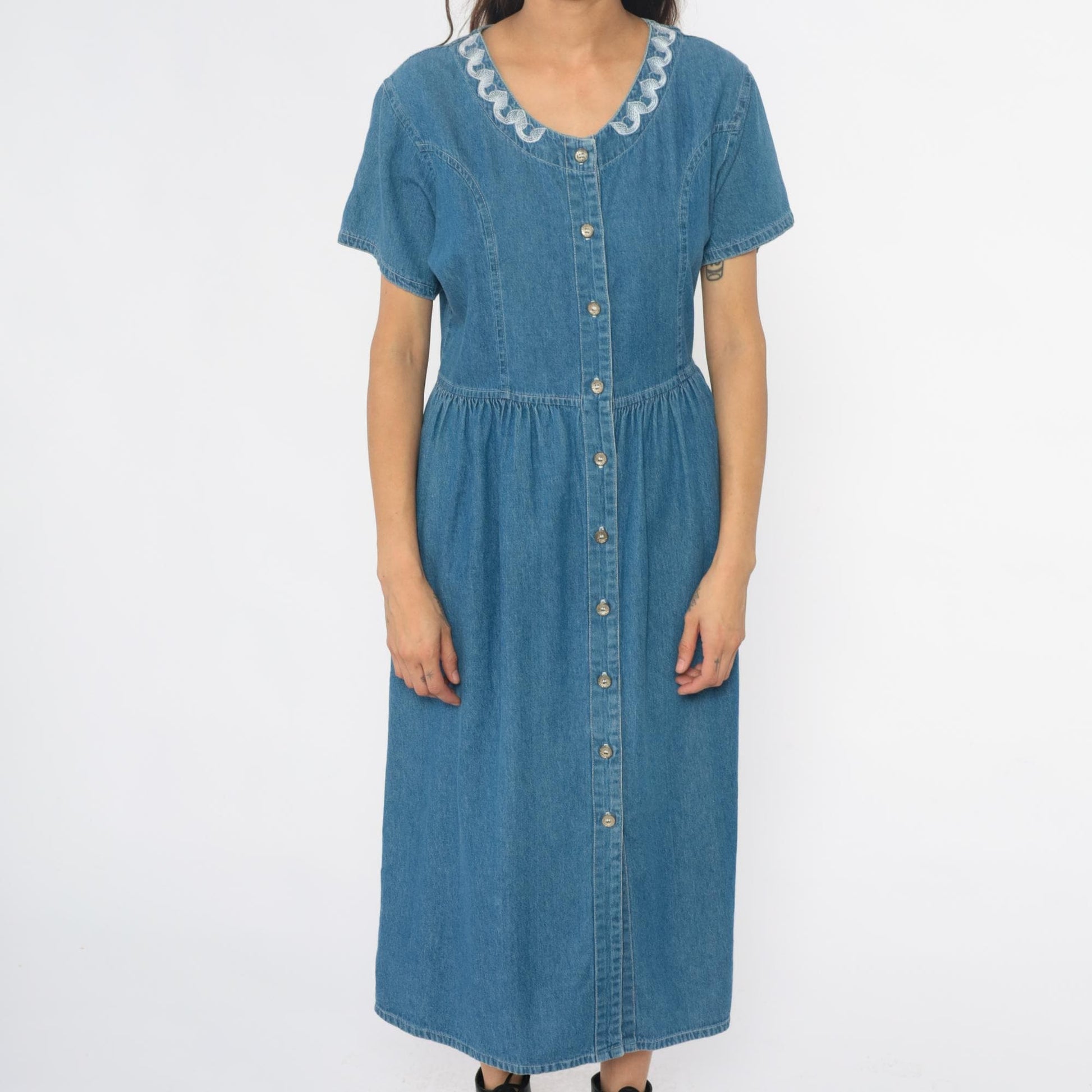 90s G.S. Denims Midi Dress Blue Embroidered Collar Gathered Waist Large L