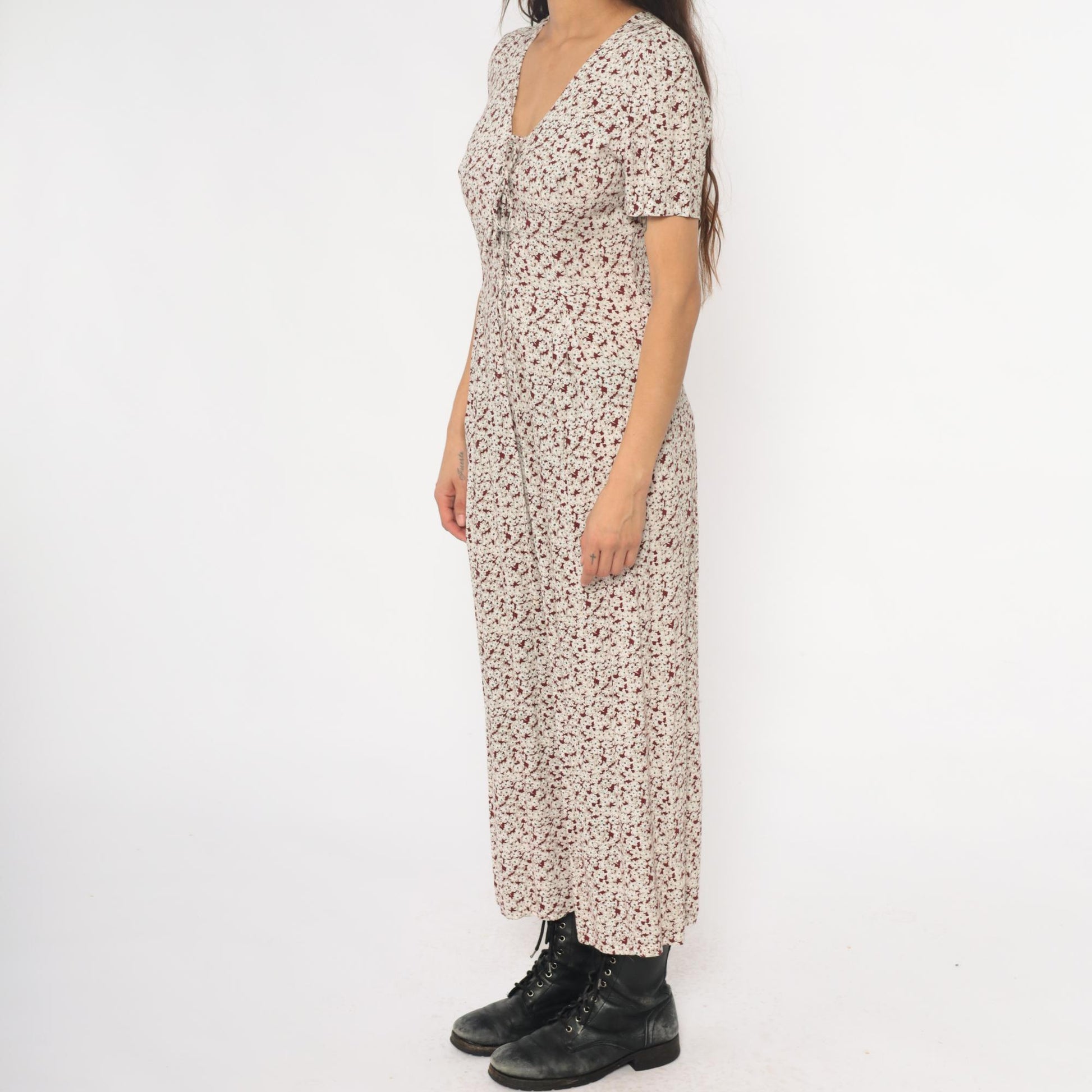 90s All That Jazz Floral Jumpsuit Cream Wide Leg Short Sleeve Small