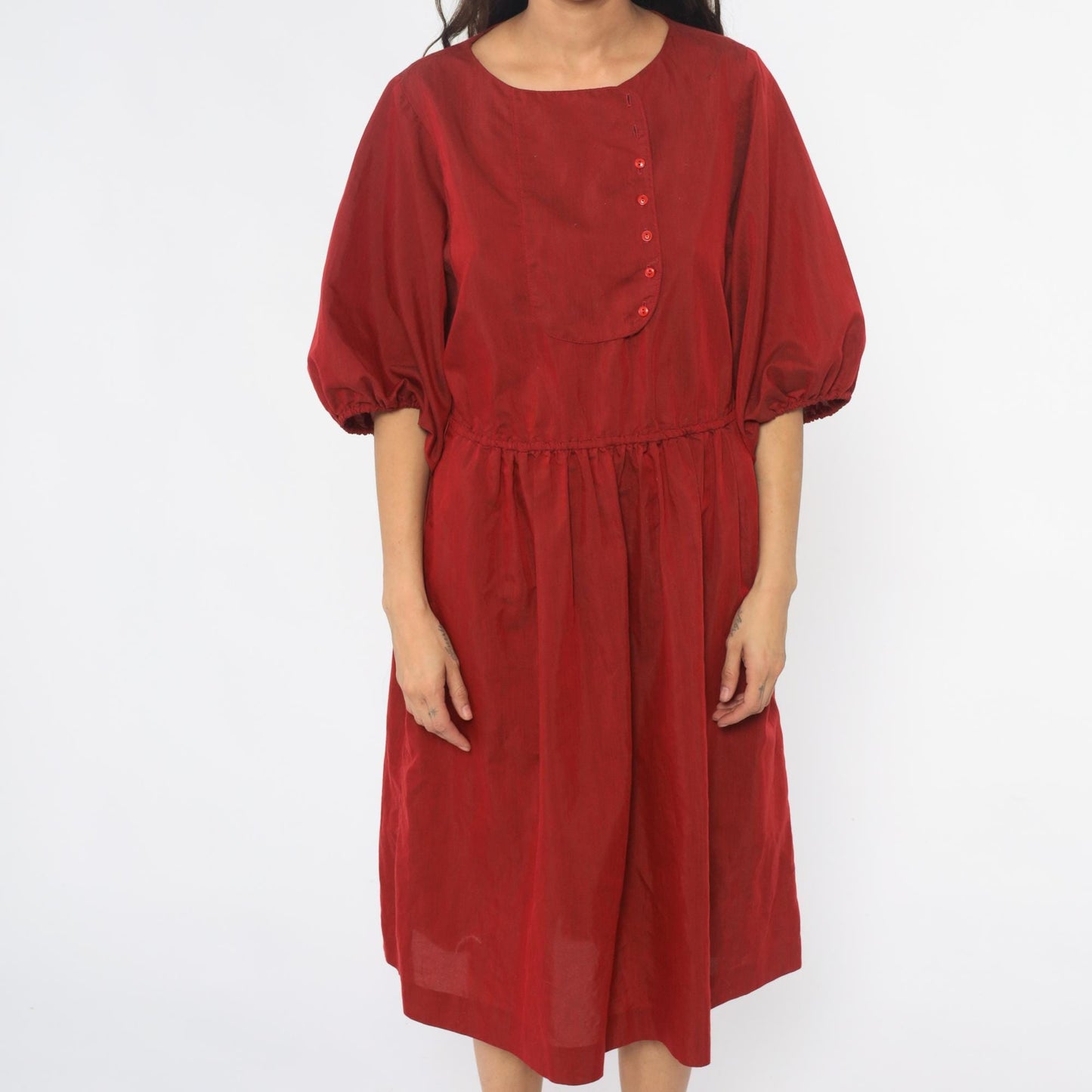 80s Burgundy Puff Sleeve Dress A-Line Gathered Waist Button Front Medium M