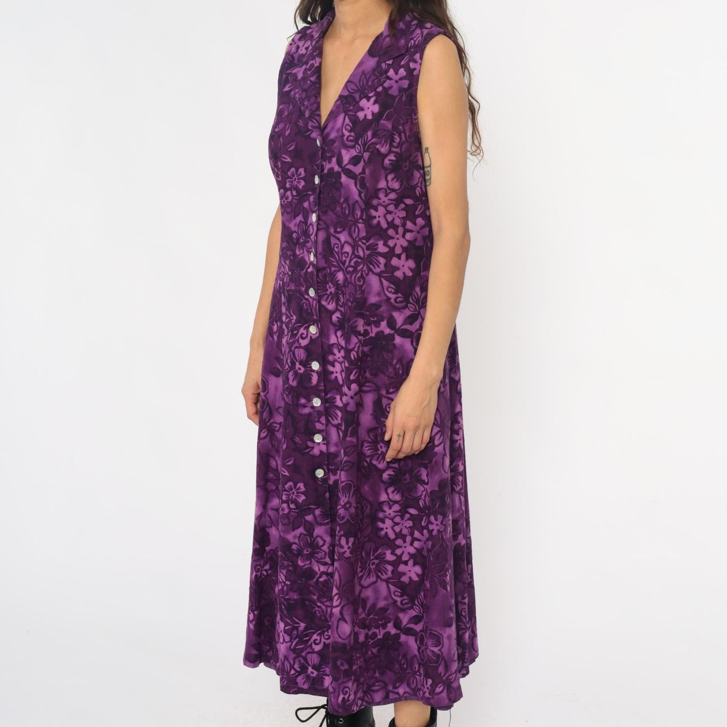 Y2K Coldwater Creek Purple Floral Linen Maxi Dress Button Front Large L