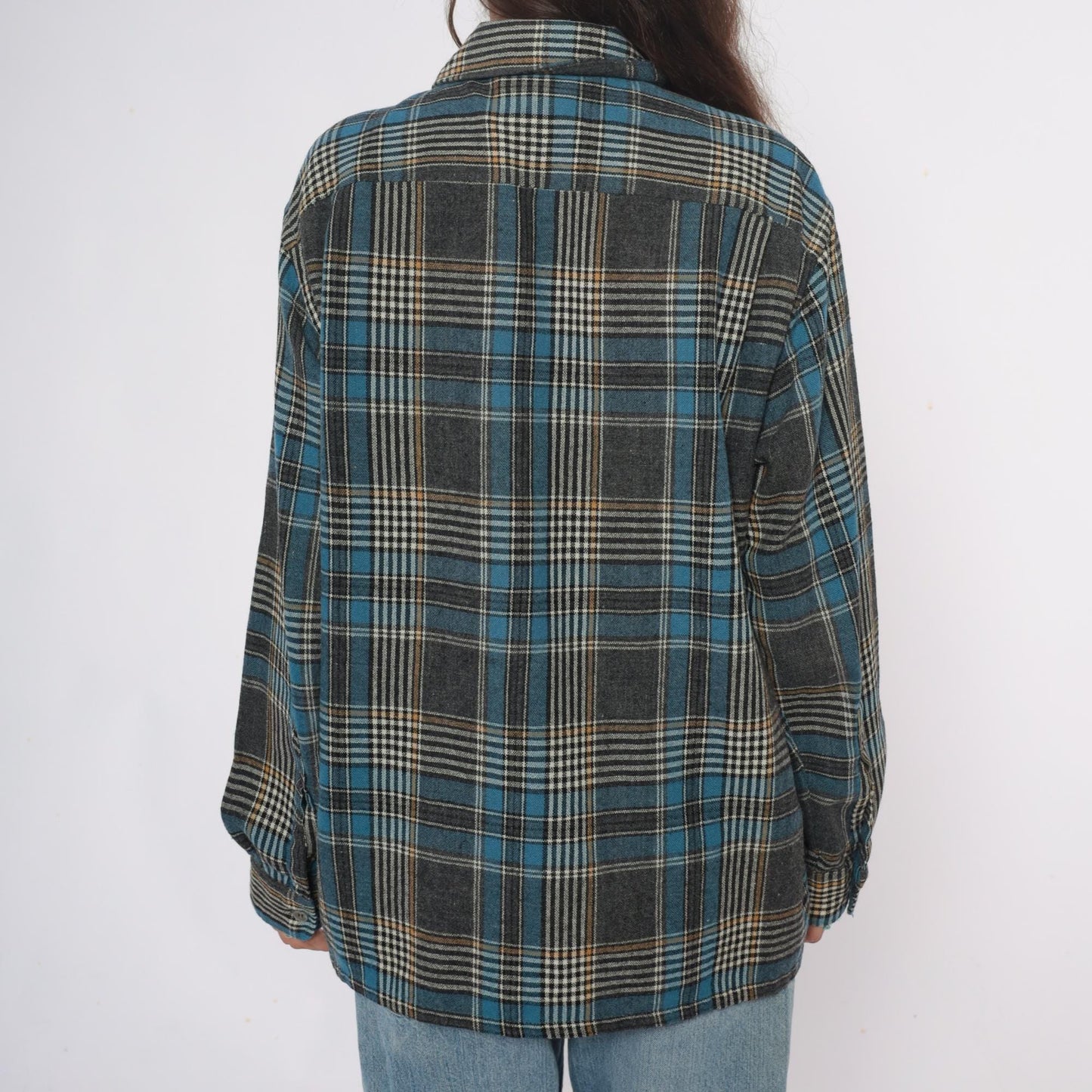 70s Towncraft Plaid Flannel Shirt Jacket Blue Grey Wool Large L