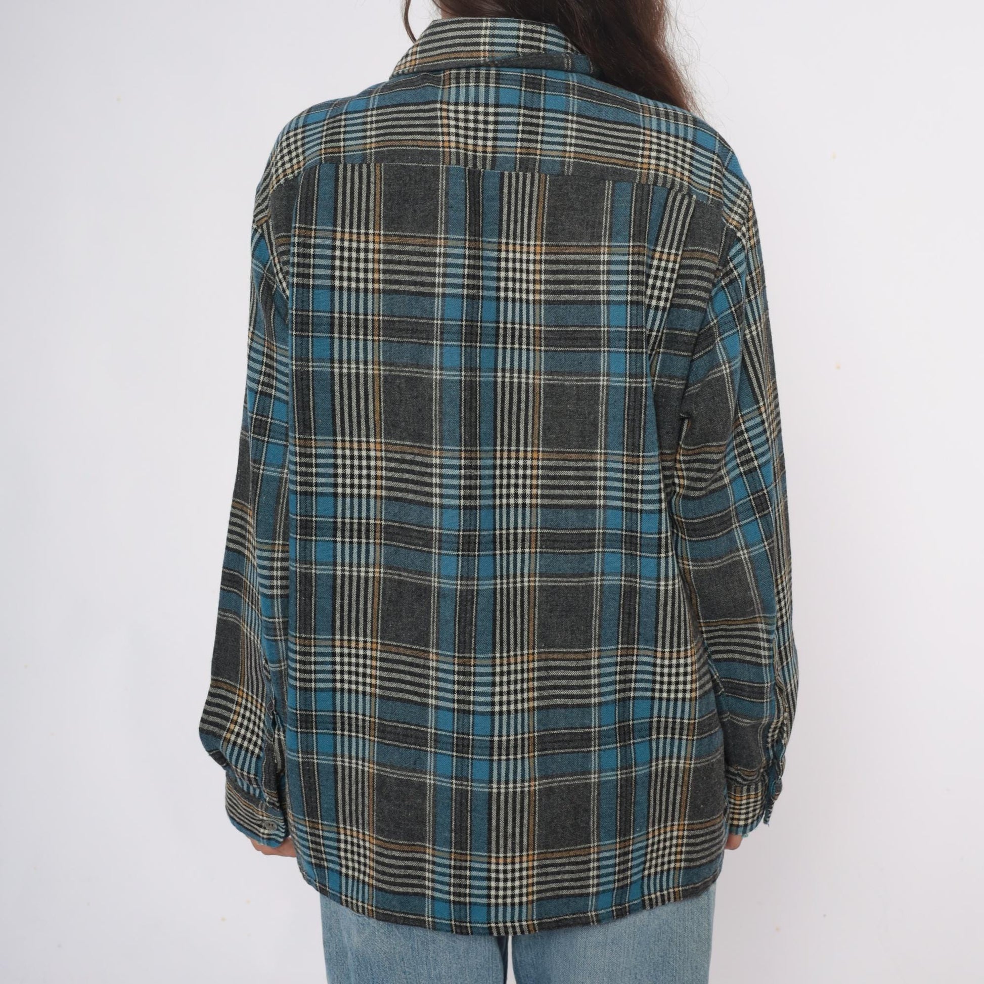 70s Towncraft Plaid Flannel Shirt Jacket Blue Grey Wool Large L