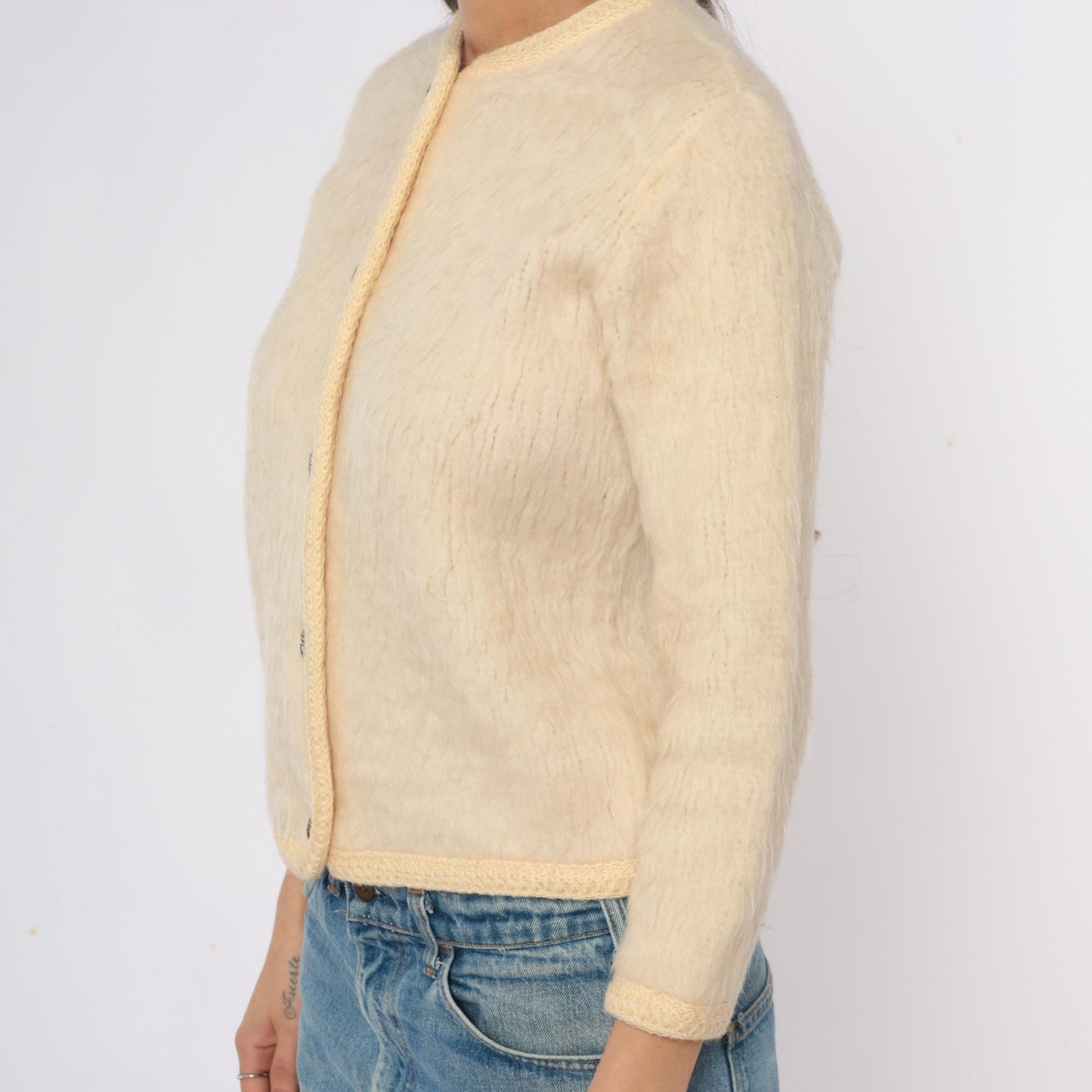 70s Cream Wool Cardigan Peter Pan Collar Textured Knit Small Medium