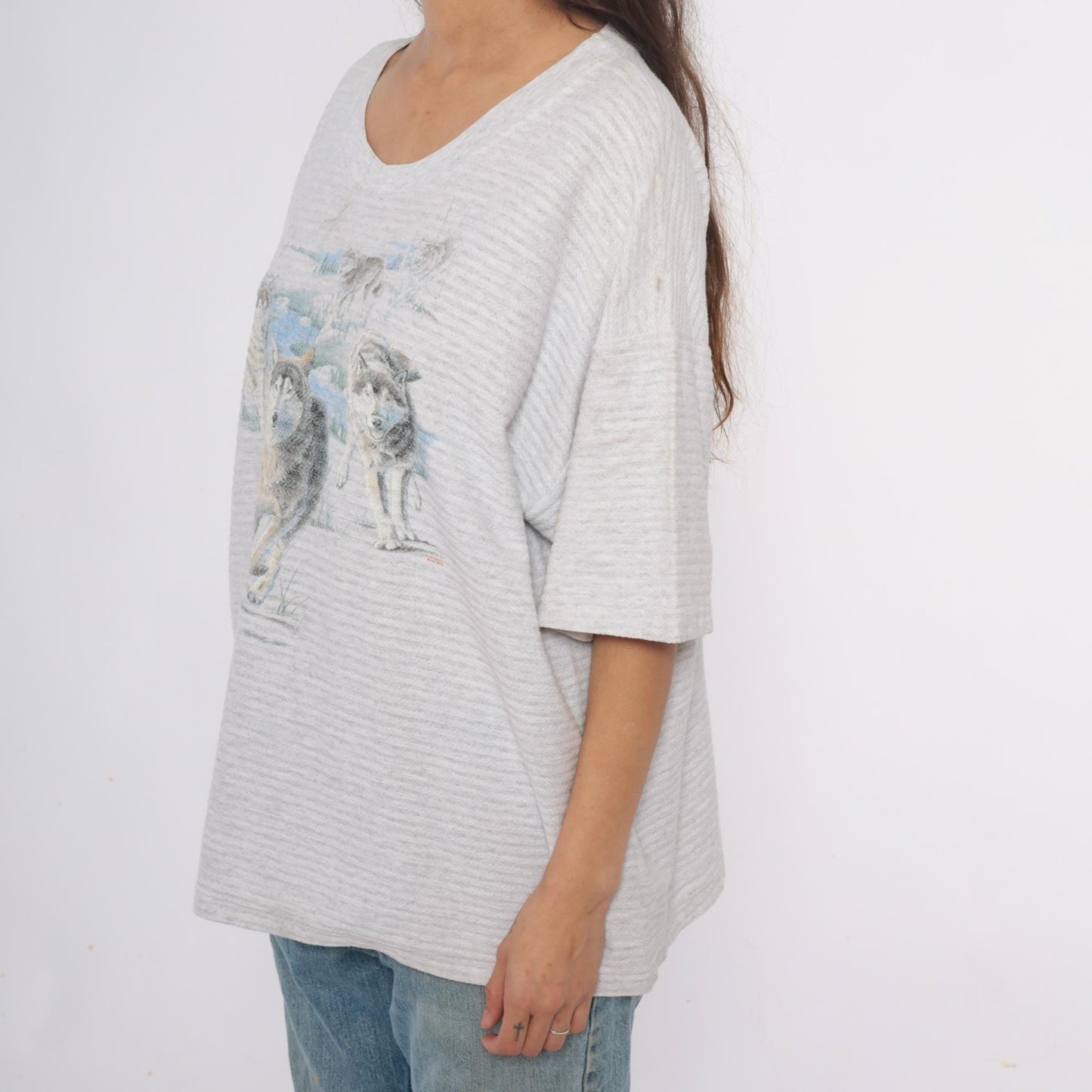 90s Wolf Graphic T-Shirt Grey Cotton V-Neck Animal Print Extra Large XL