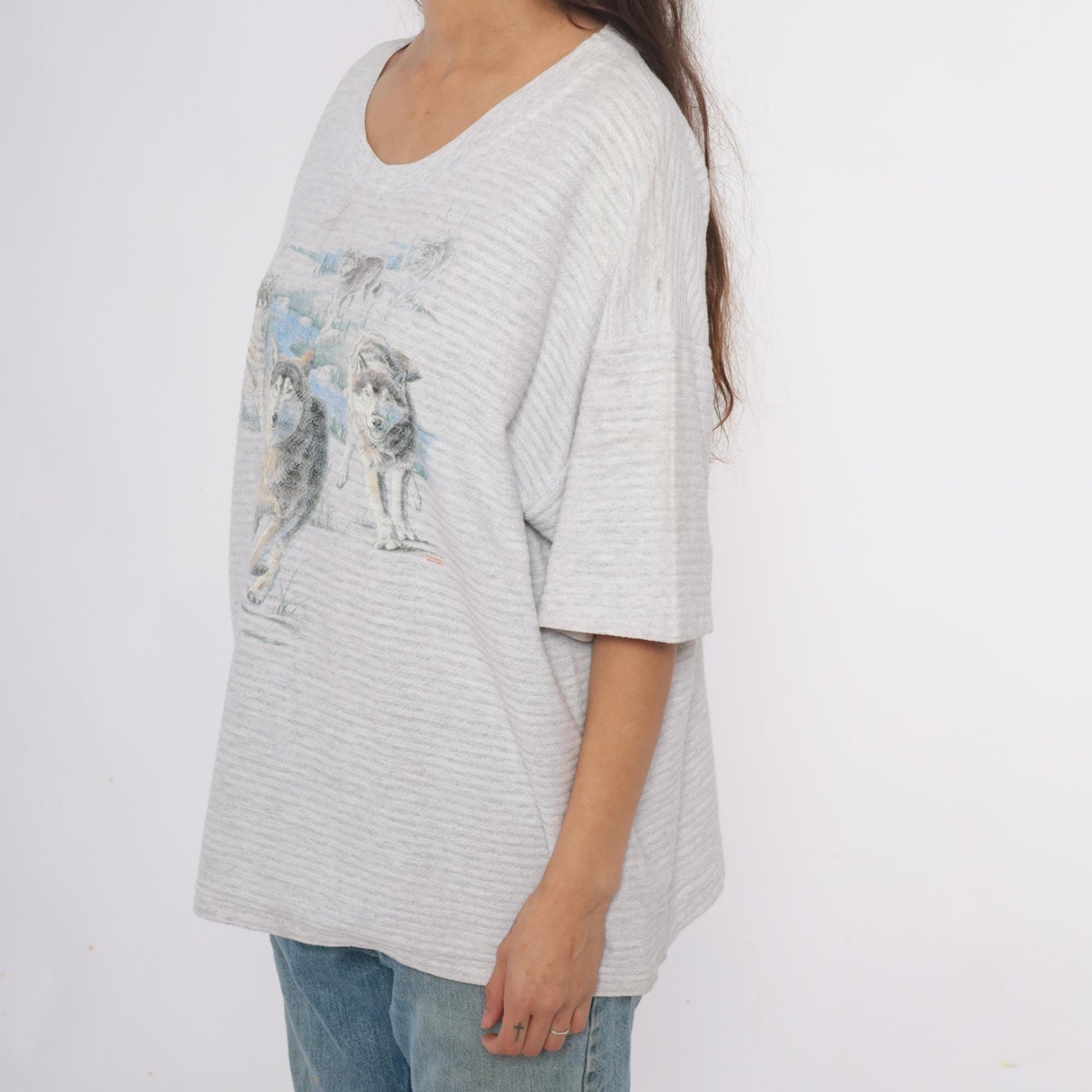 90s Wolf Graphic T-Shirt Grey Cotton V-Neck Animal Print Extra Large XL