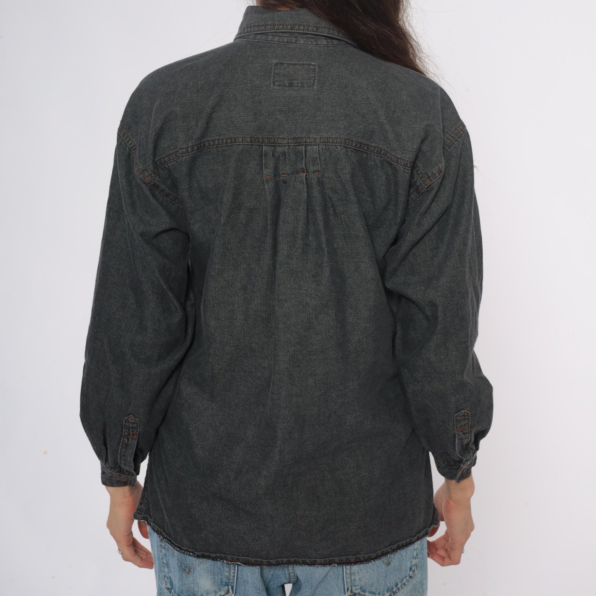 90s Changes Dark Grey Denim Shirt Jacket Cotton Button Front Small