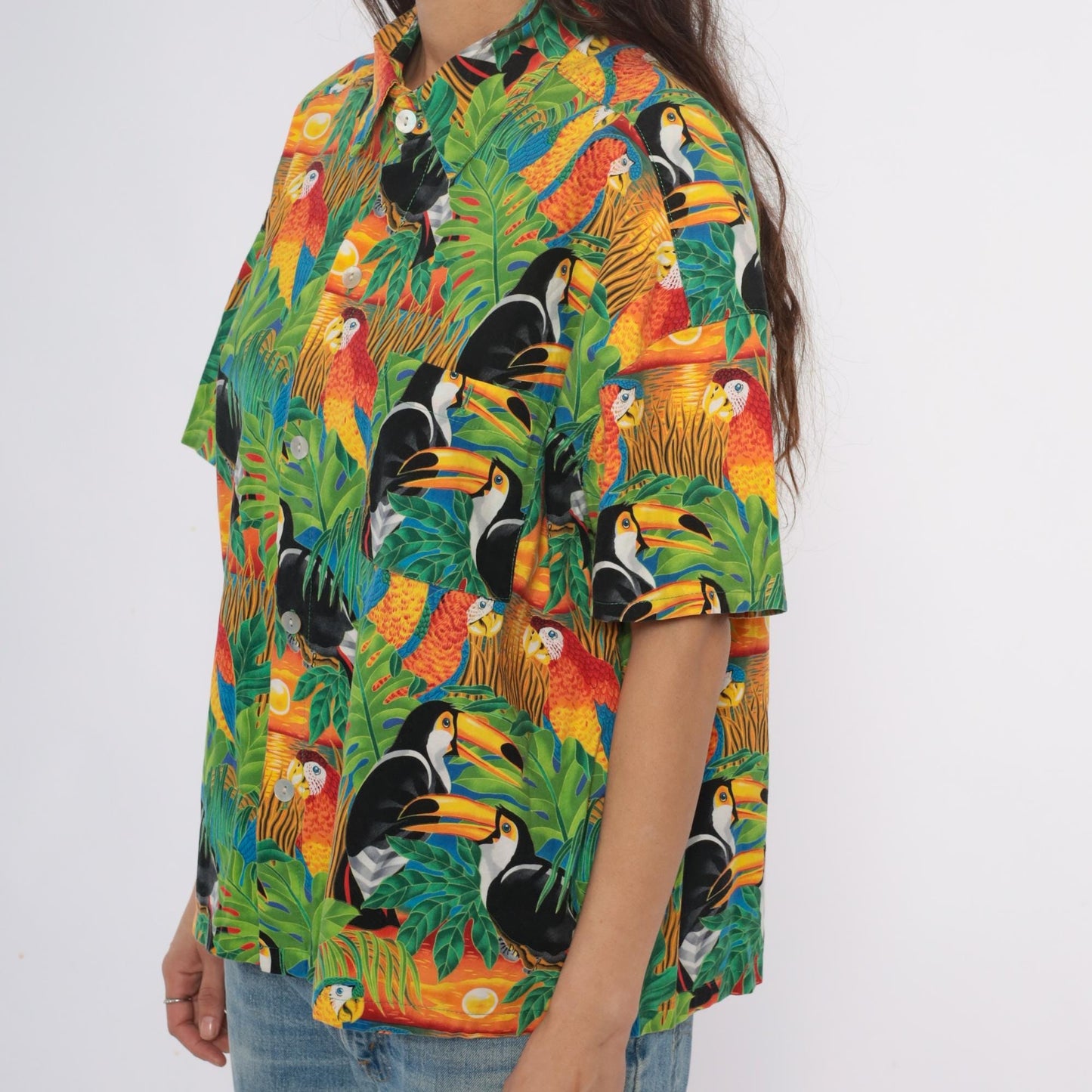 90s Hummingbird Tropical Bird Print Camp Collar Shirt Plus Size XXL