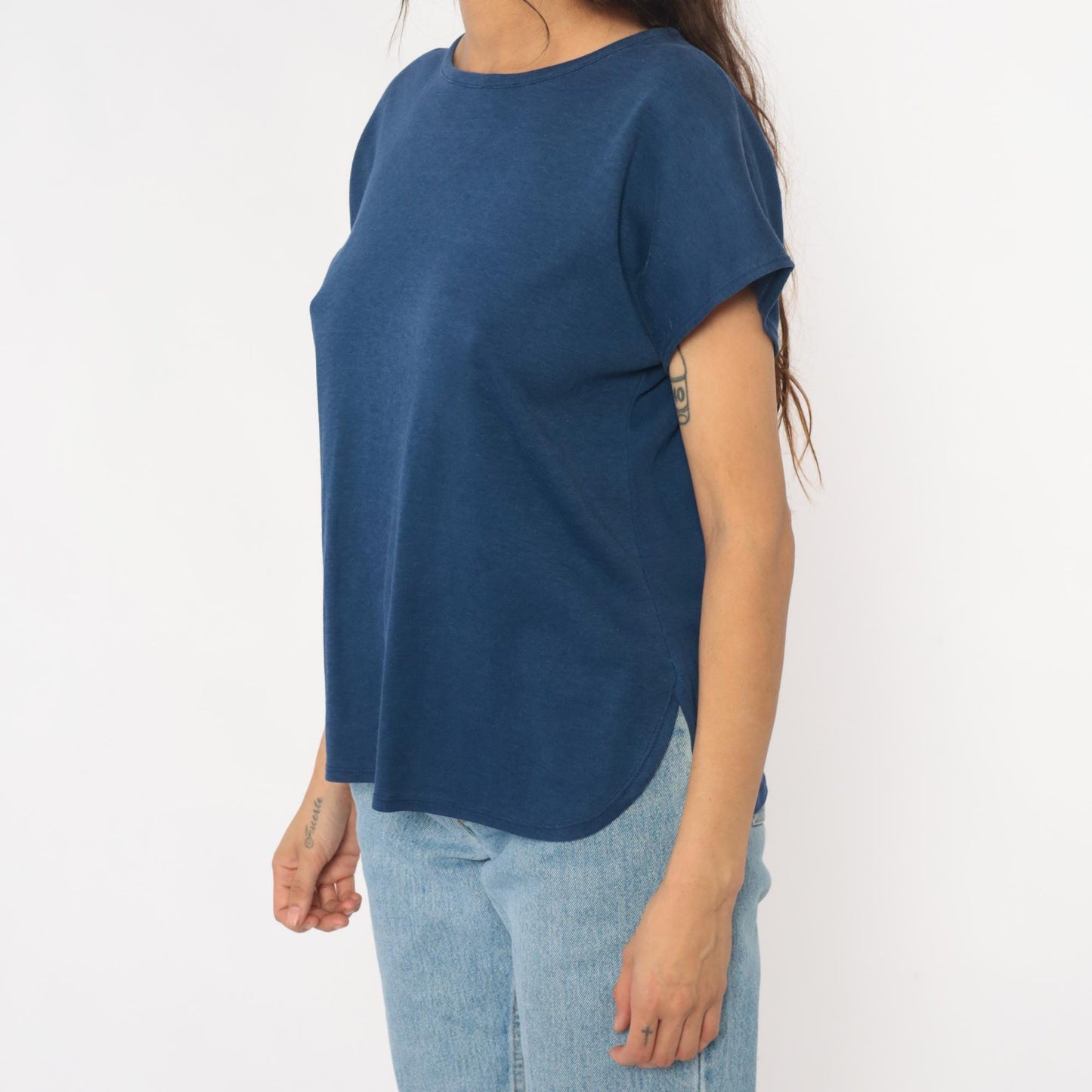 80s Navy Boat Neck T-Shirt Cotton Blend Short Sleeve Medium M