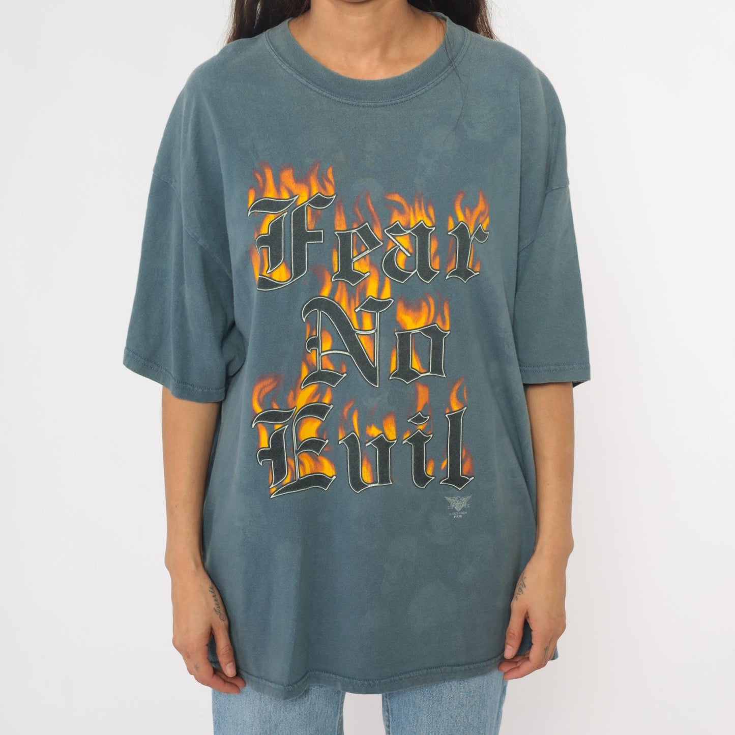 Y2K Fear No Evil Graphic Tee Teal Flame Skulls Plus Size XXL