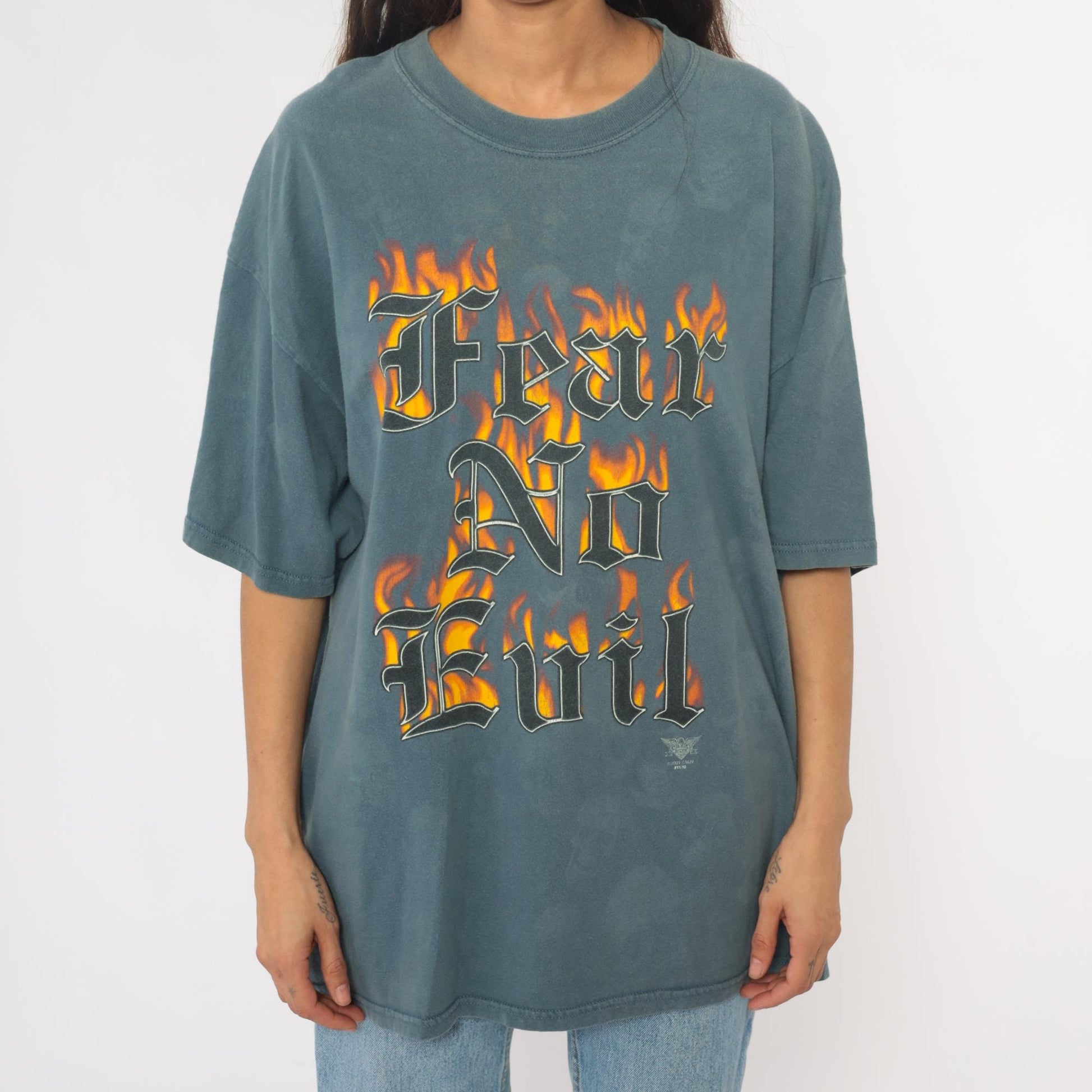 Y2K Fear No Evil Graphic Tee Teal Flame Skulls Plus Size XXL