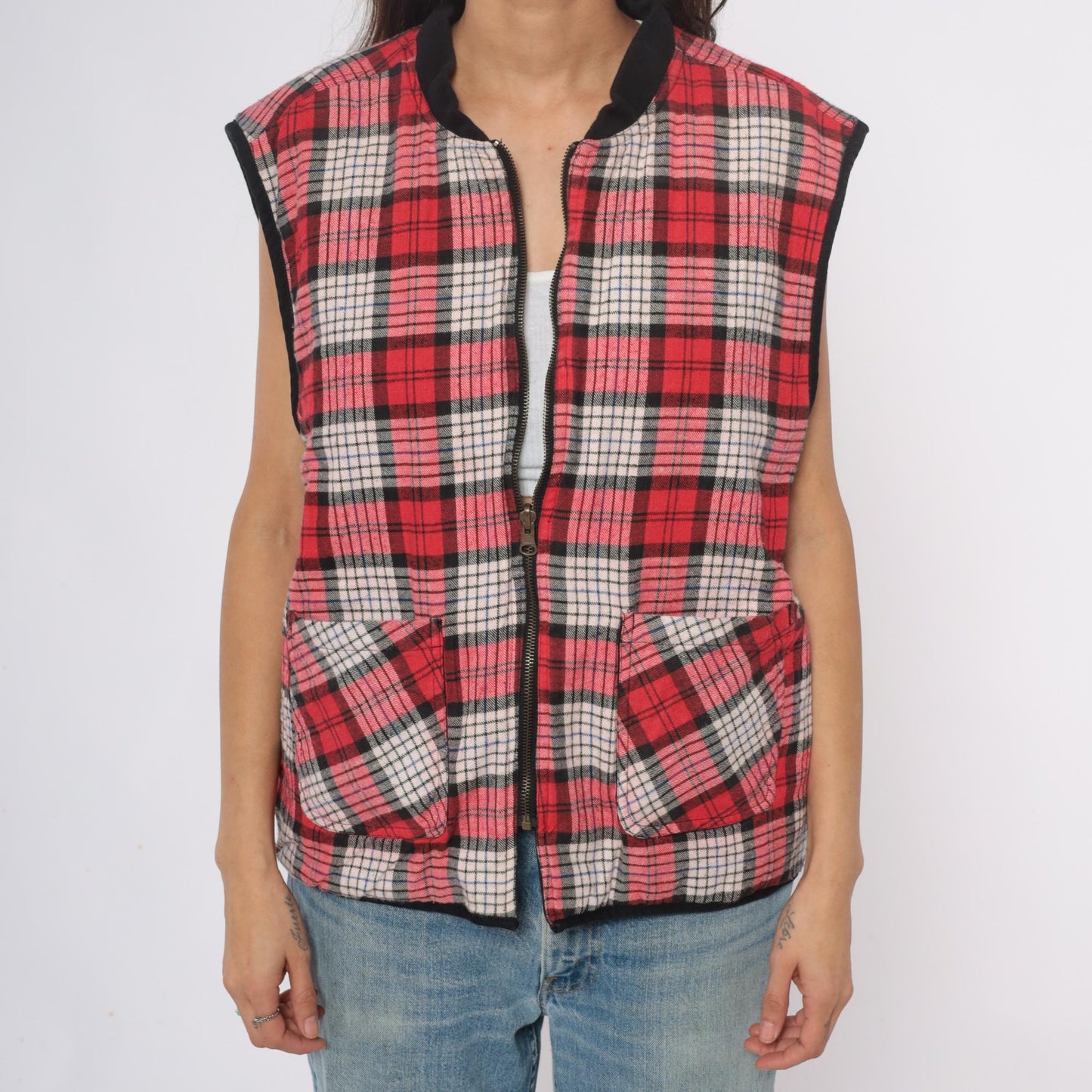 90s Marlboro Country Store Reversible Vest Black Plaid Cotton Large L