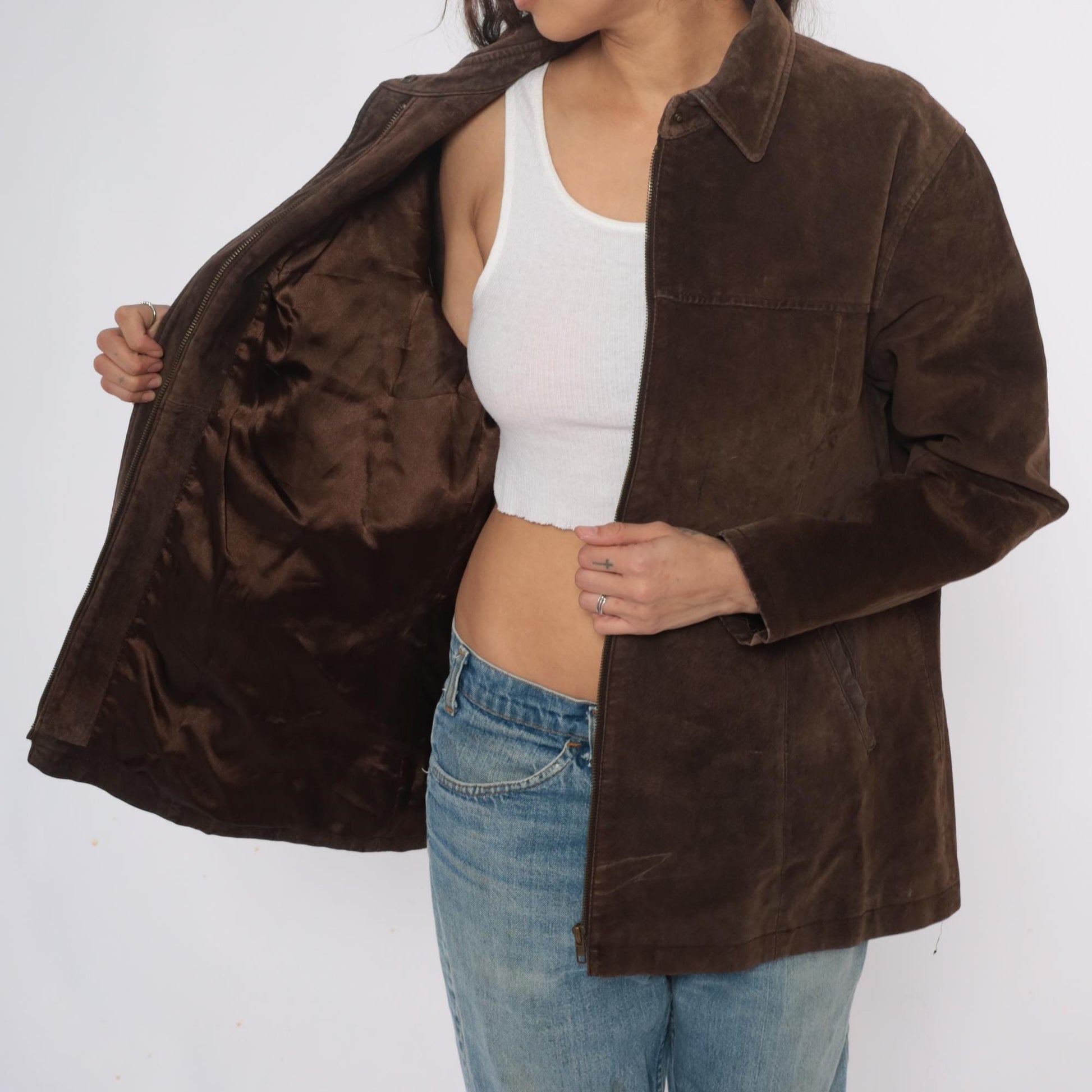 90s Ami Brown Suede Leather Jacket Collared Zip Front Large L