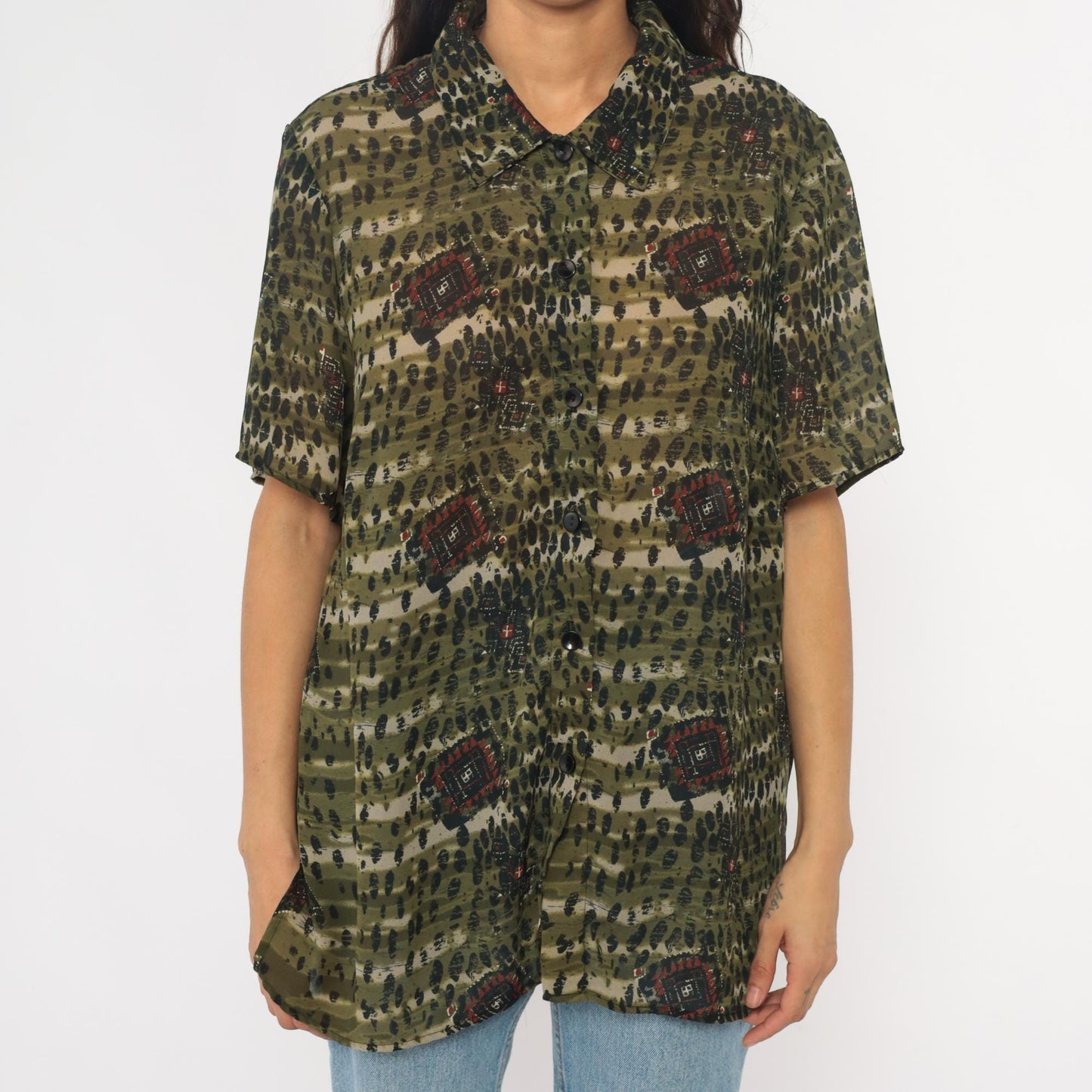 90s Olive Green Leopard Spot Button-Up Blouse Geometric Print Extra Large XL