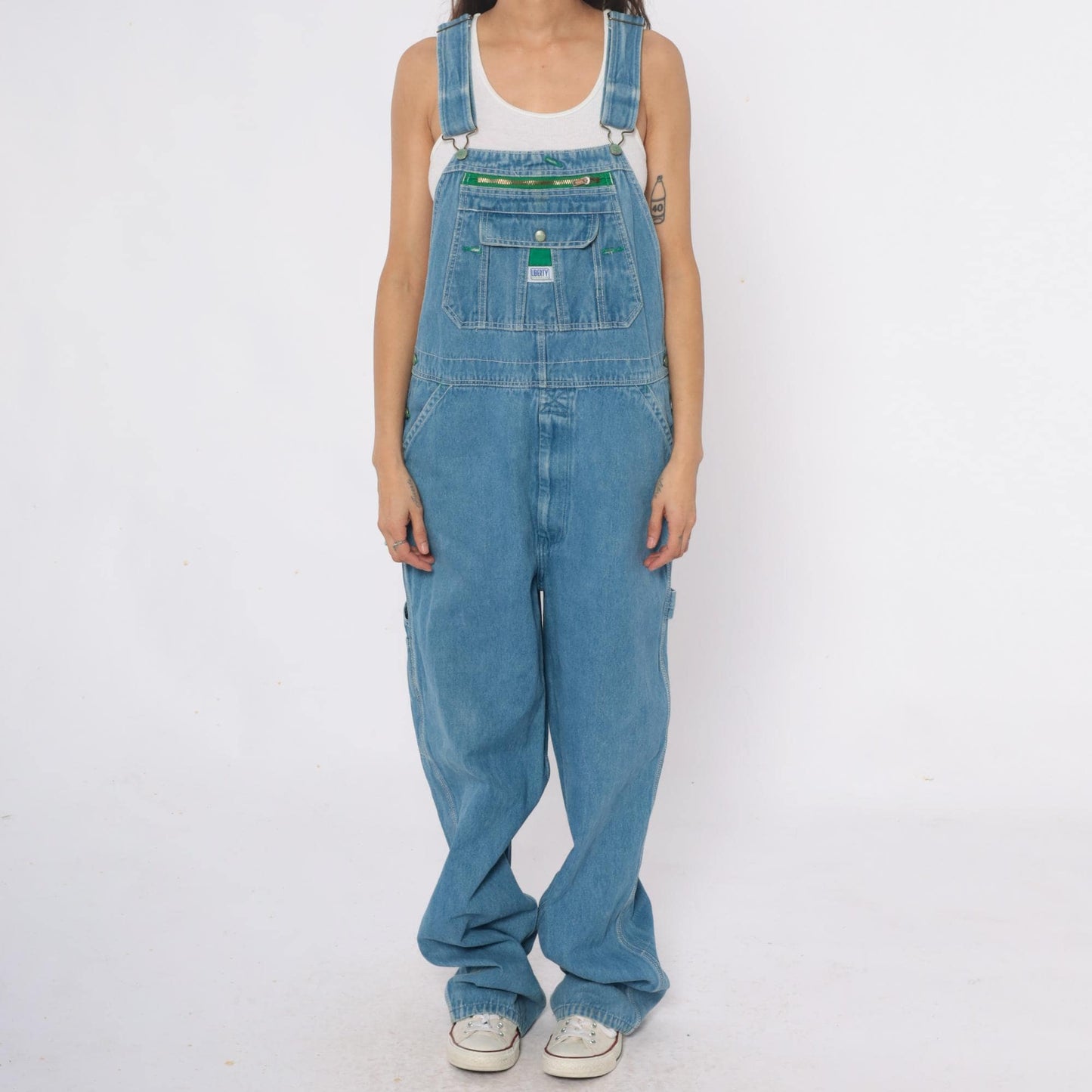 Y2K Liberty Light Blue Denim Overalls Green Stitching Carpenter Large L