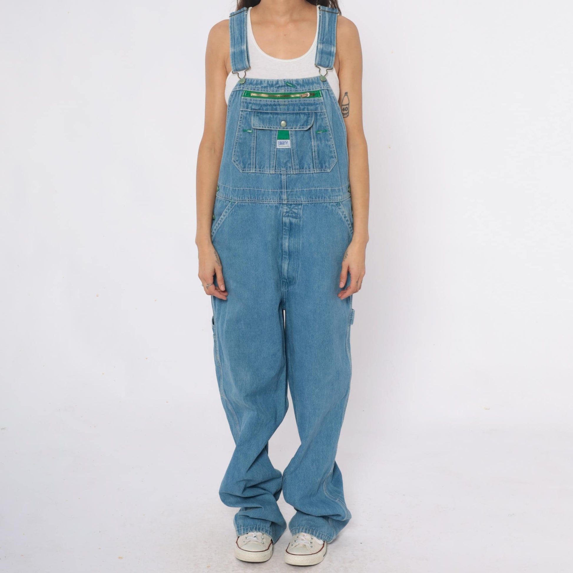 Y2K Liberty Light Blue Denim Overalls Green Stitching Carpenter Large L