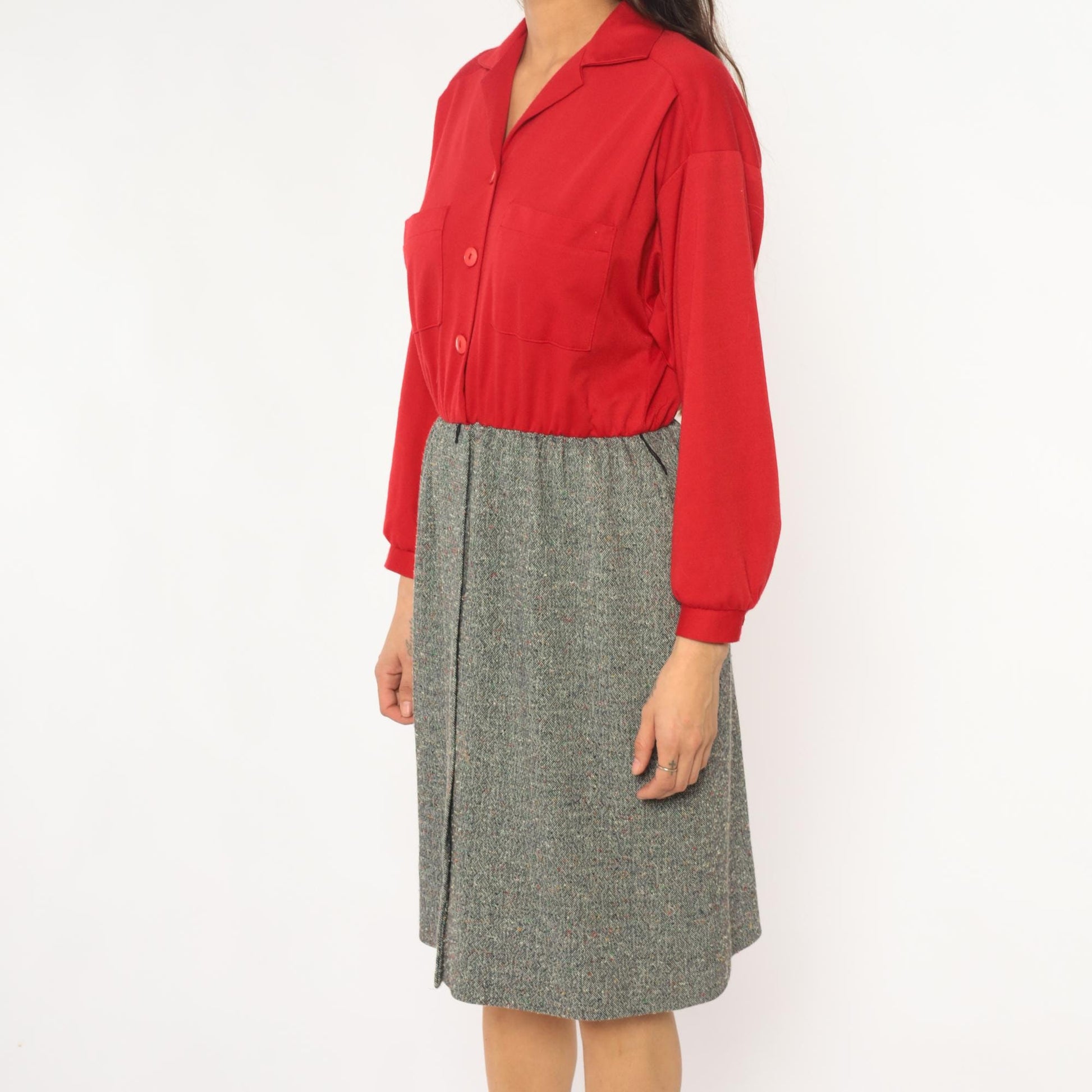 70s Lady Carol Petites Red Tweed Shirtdress Knee Length Small Medium