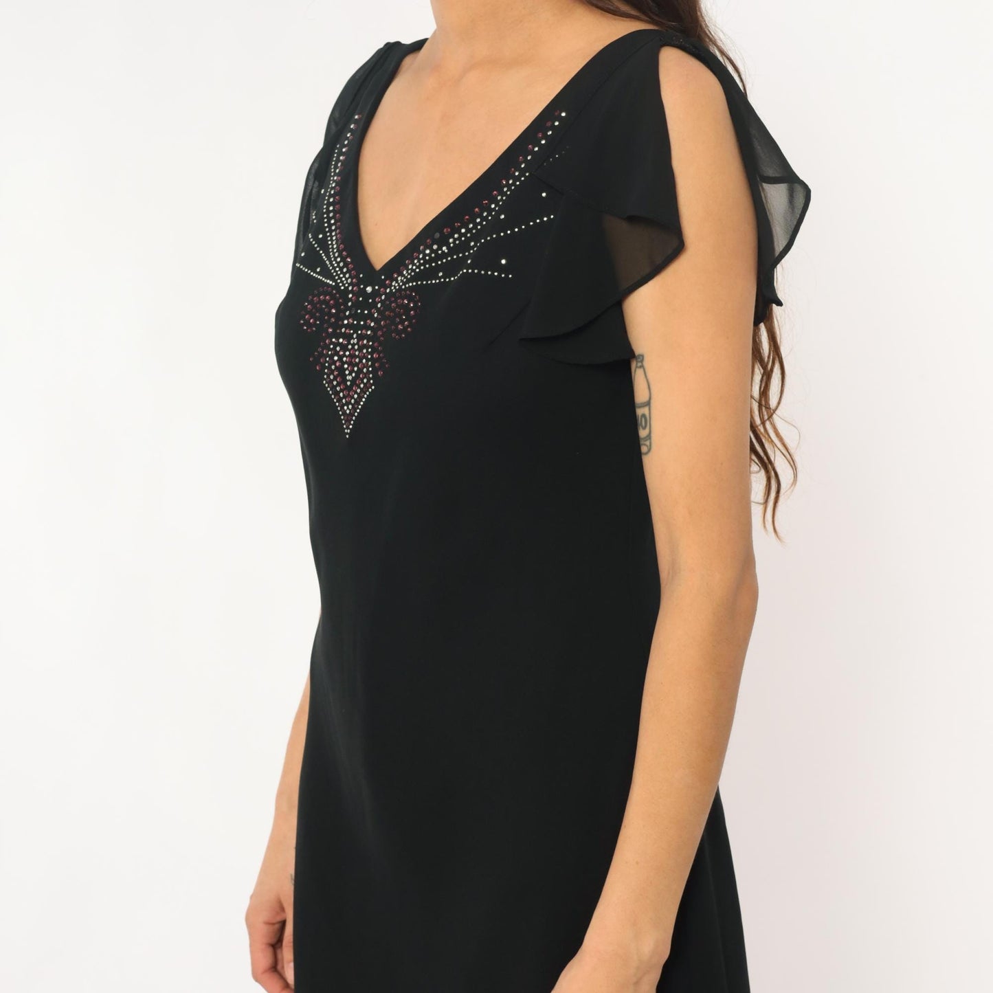 90s Sheri Martin Black Mini Dress Rhinestone V-Neck Cap Sleeve Medium