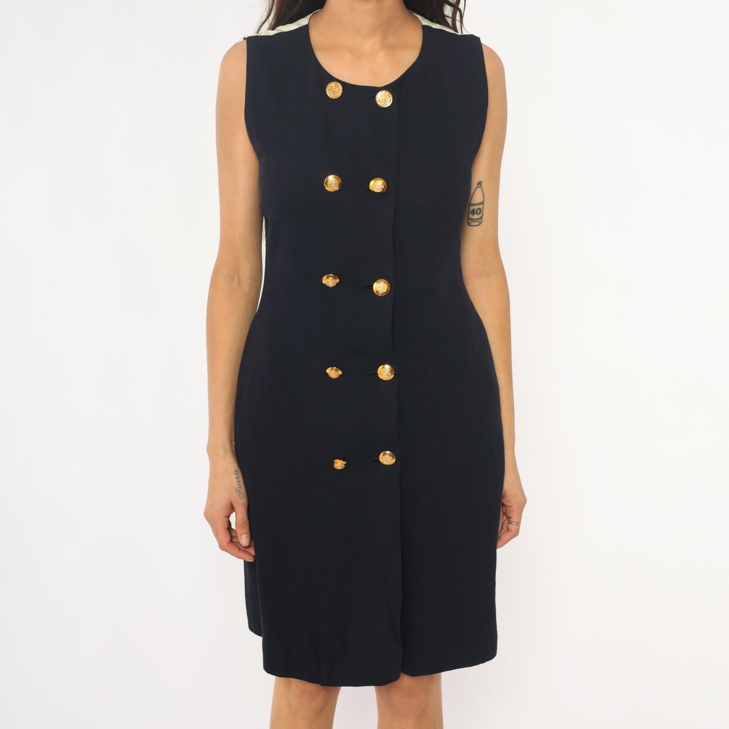 90s Liz Claiborne Navy Nautical Sleeveless Dress Gold Buttons Striped Back Medium