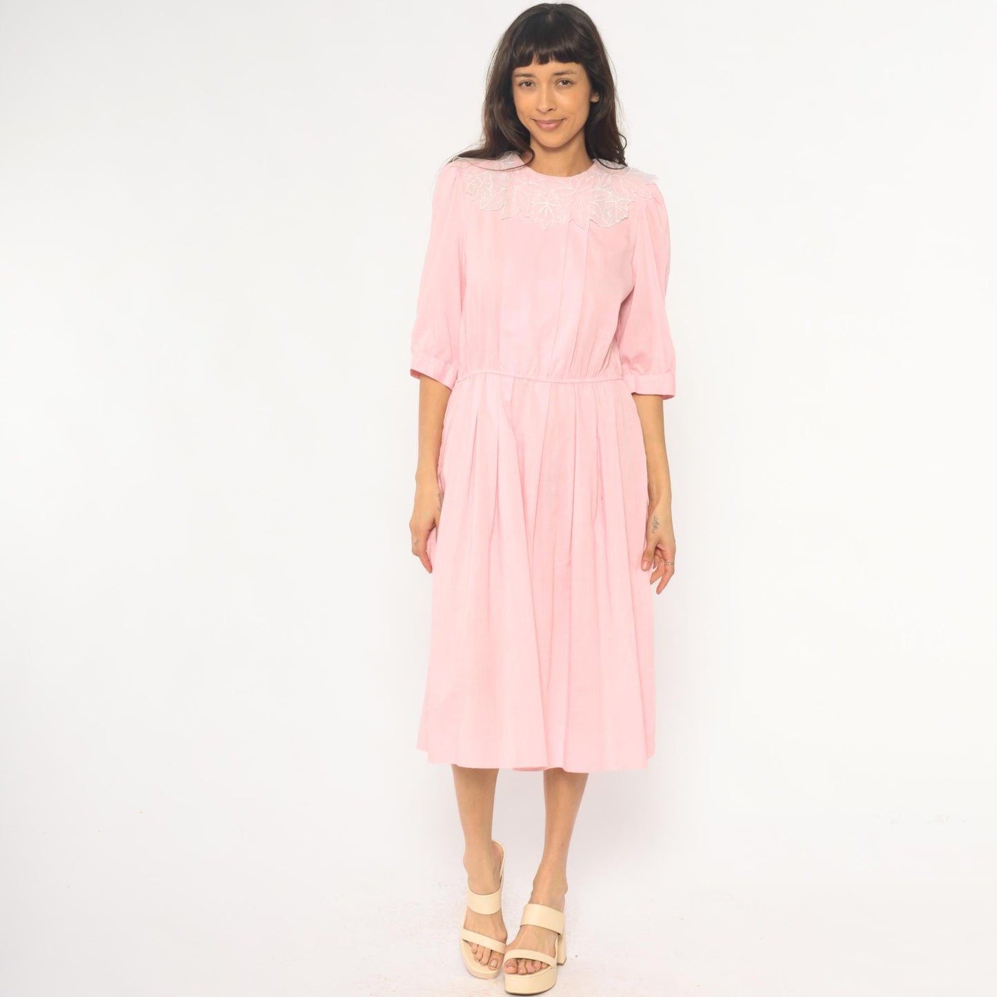 90s Blush Pink Midi Dress Embroidered Floral Collar Puff Sleeve Medium