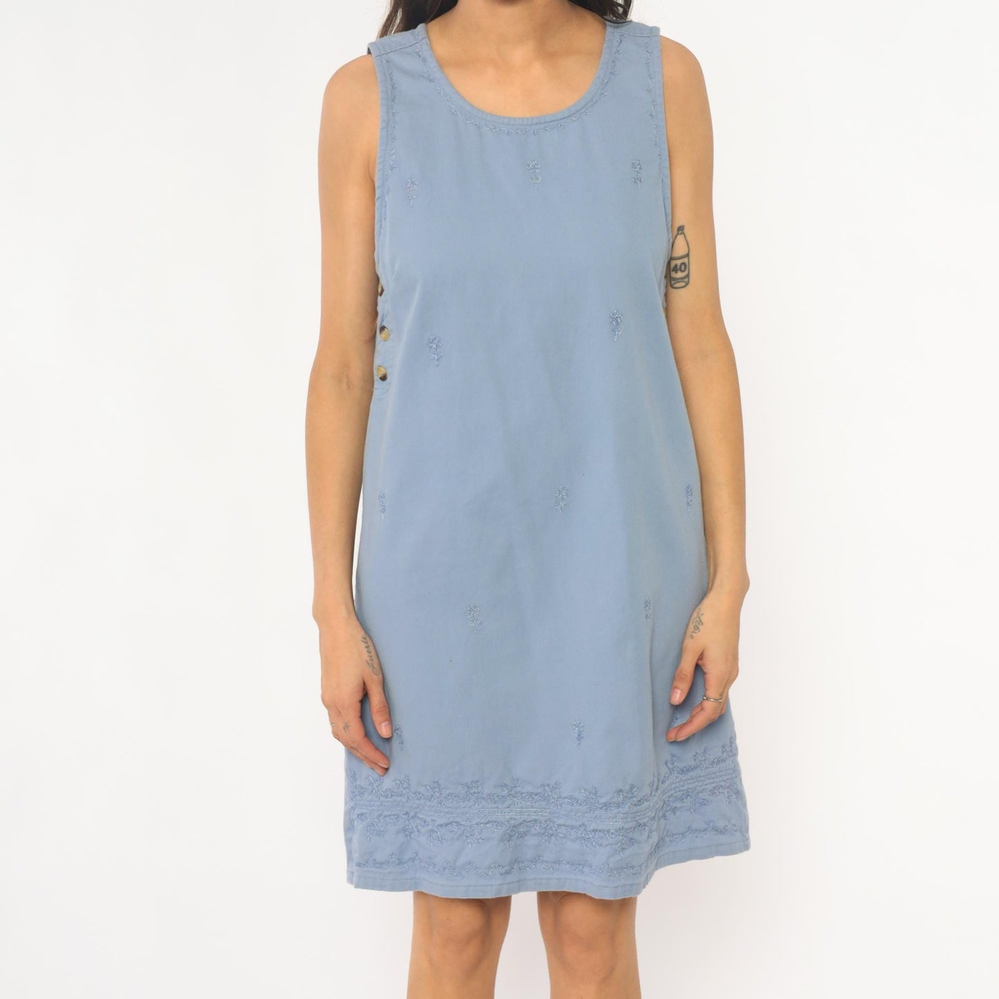 90s Basic Editions Powder Blue Cotton Shift Dress Floral Embroidered Small S