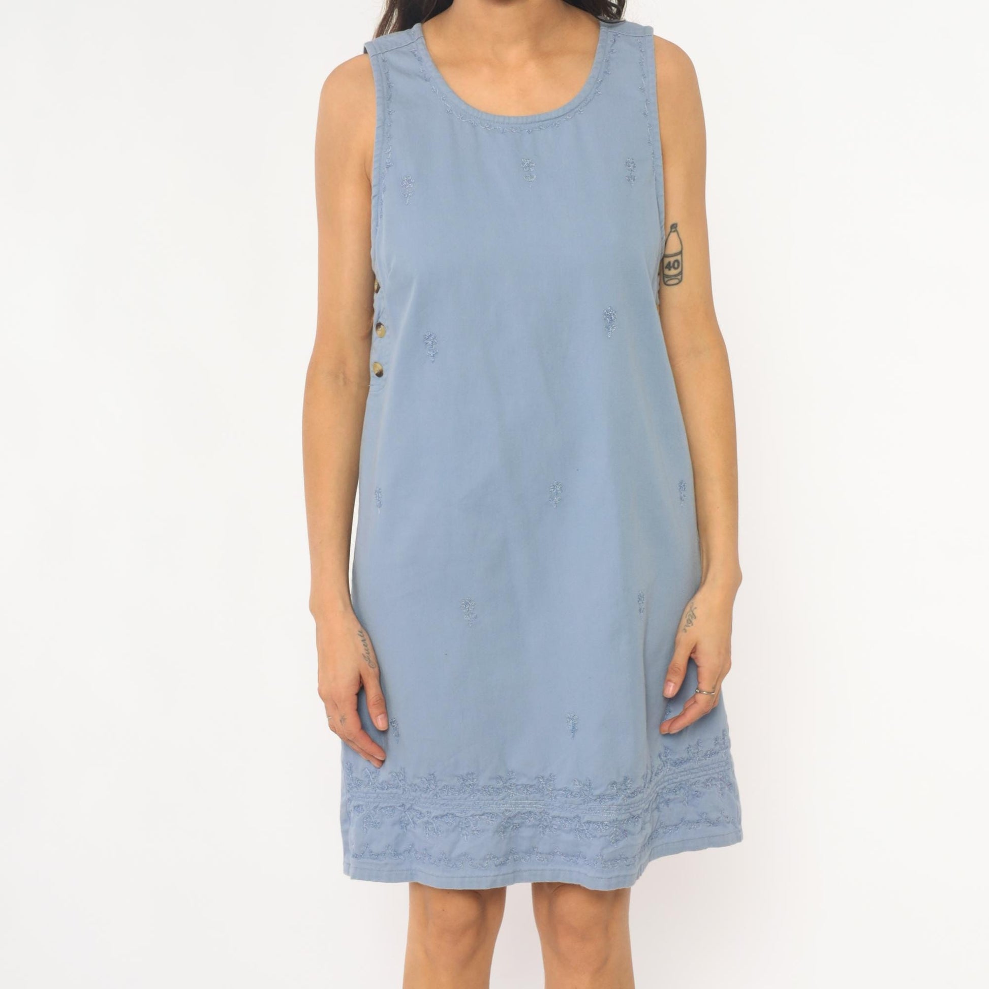 90s Basic Editions Powder Blue Cotton Shift Dress Floral Embroidered Small S