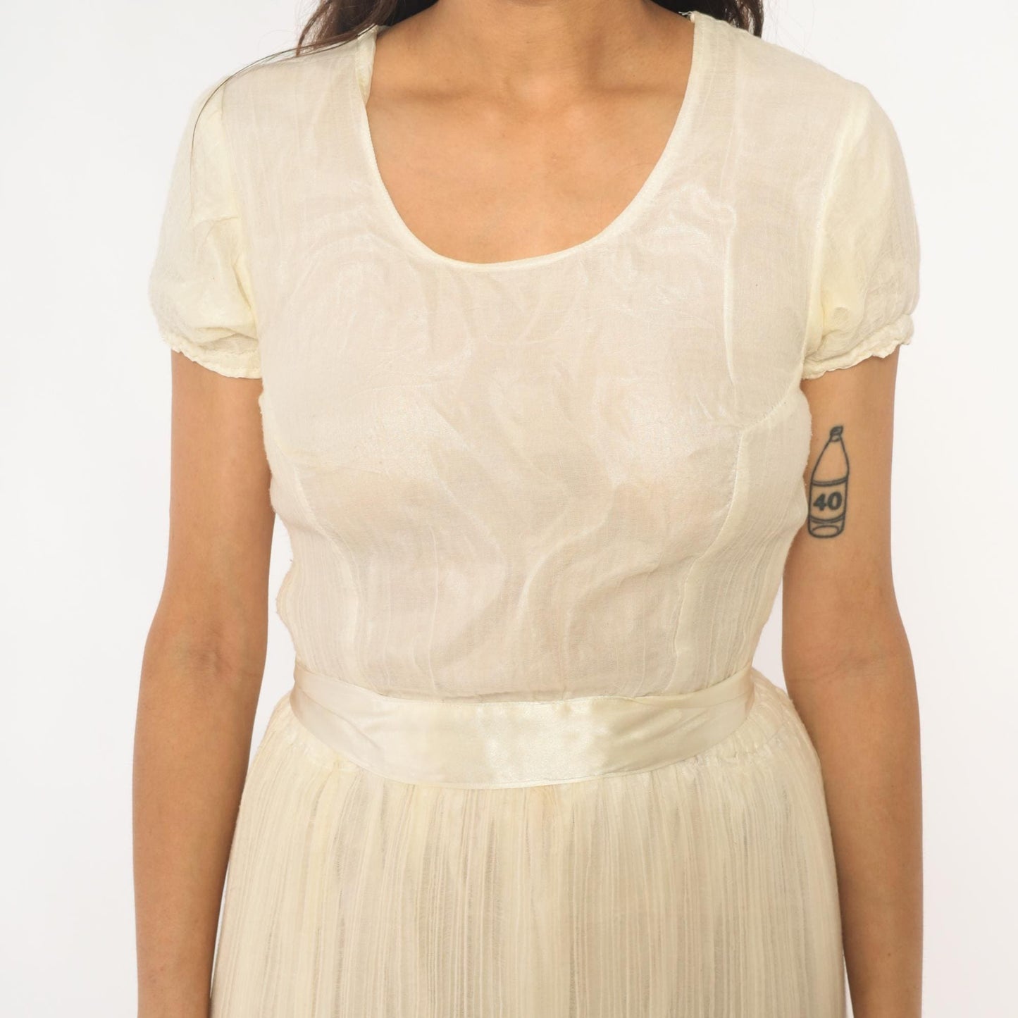 70s Cream Maxi Dress Puff Sleeve Pleated Skirt Embroidered Trim Extra Small