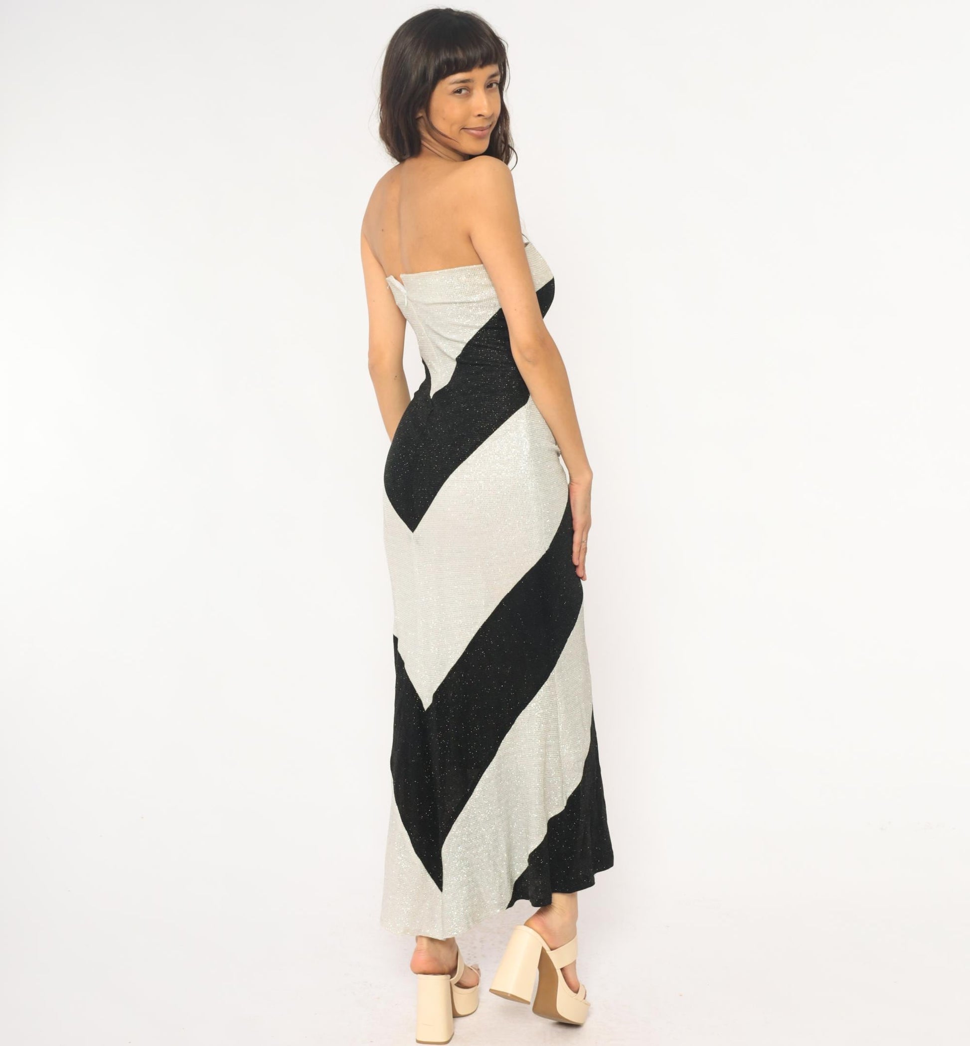 Y2K Pontic Prince Chevron Maxi Dress Black Cream Metallic Strapless Small