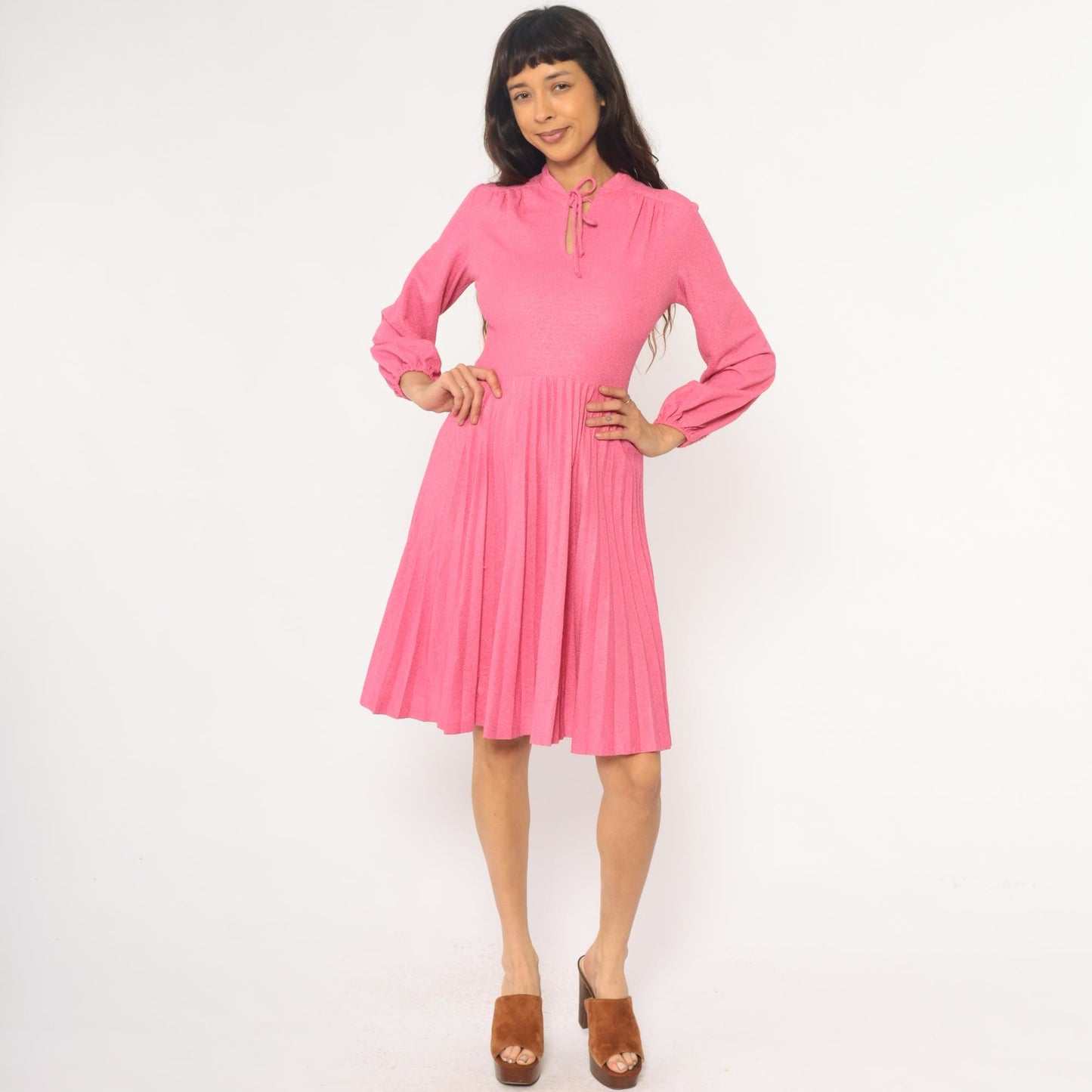 70s Hot Pink Midi Dress Mock Neck Pleated Skirt Bishop Sleeve Extra Small XS
