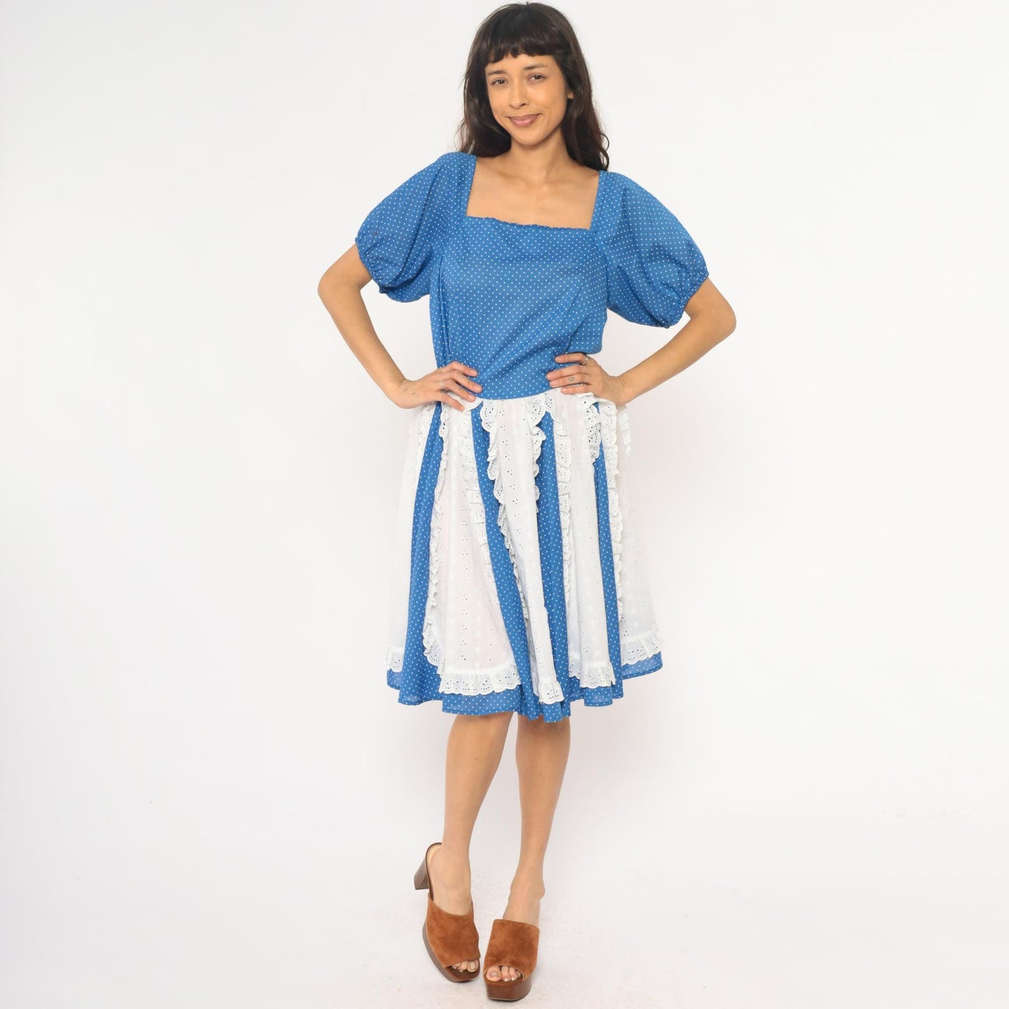 80s Blue Polka Dot Square Dance Dress Puff Sleeve Eyelet Lace Mini Large