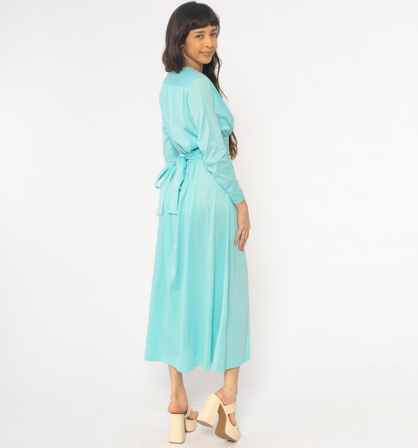 70s Enrico Serrati Aqua Maxi Dress V-Neck Tie Waist Long Sleeve Medium