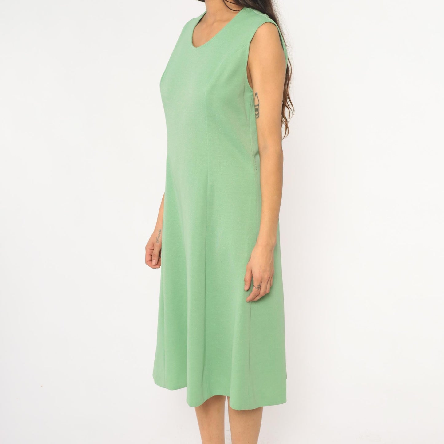 70s Mint Green Sleeveless A-Line Dress Scoop Neck Knee Length Large L