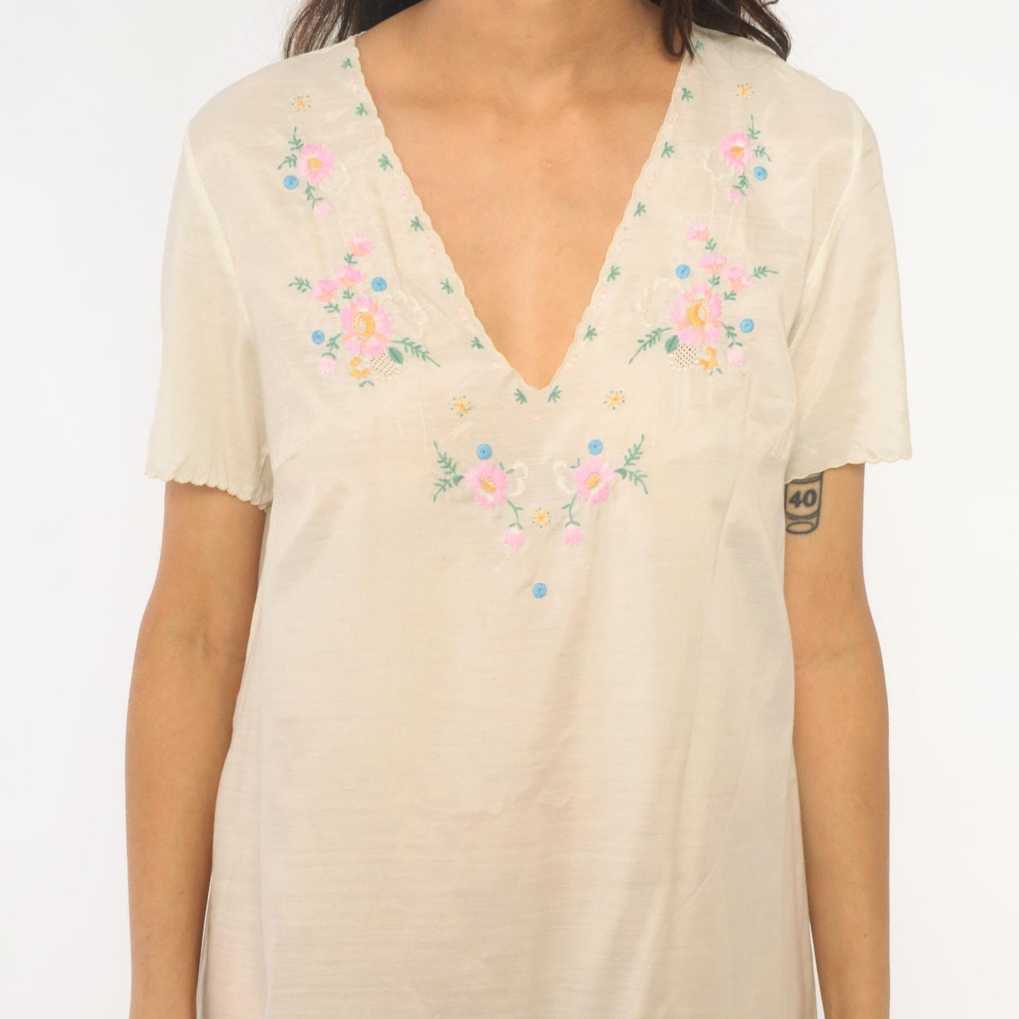 70s Cream Embroidered Floral Maxi Dress V-Neck Short Sleeve Small S