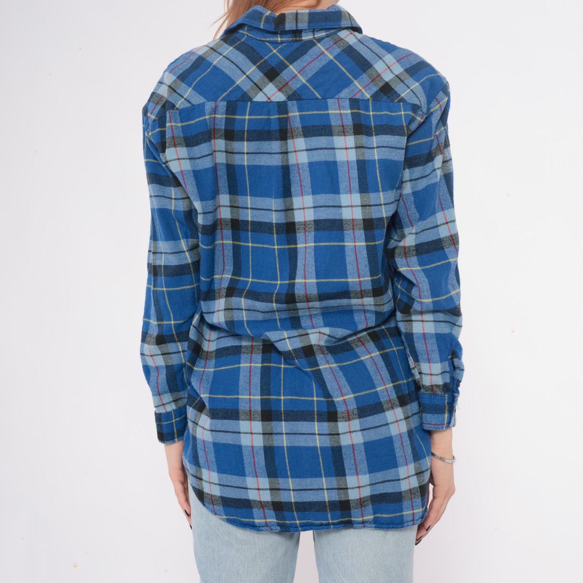 90s Timber Trail Plaid Flannel Shirt Blue Button Front Cotton Medium M