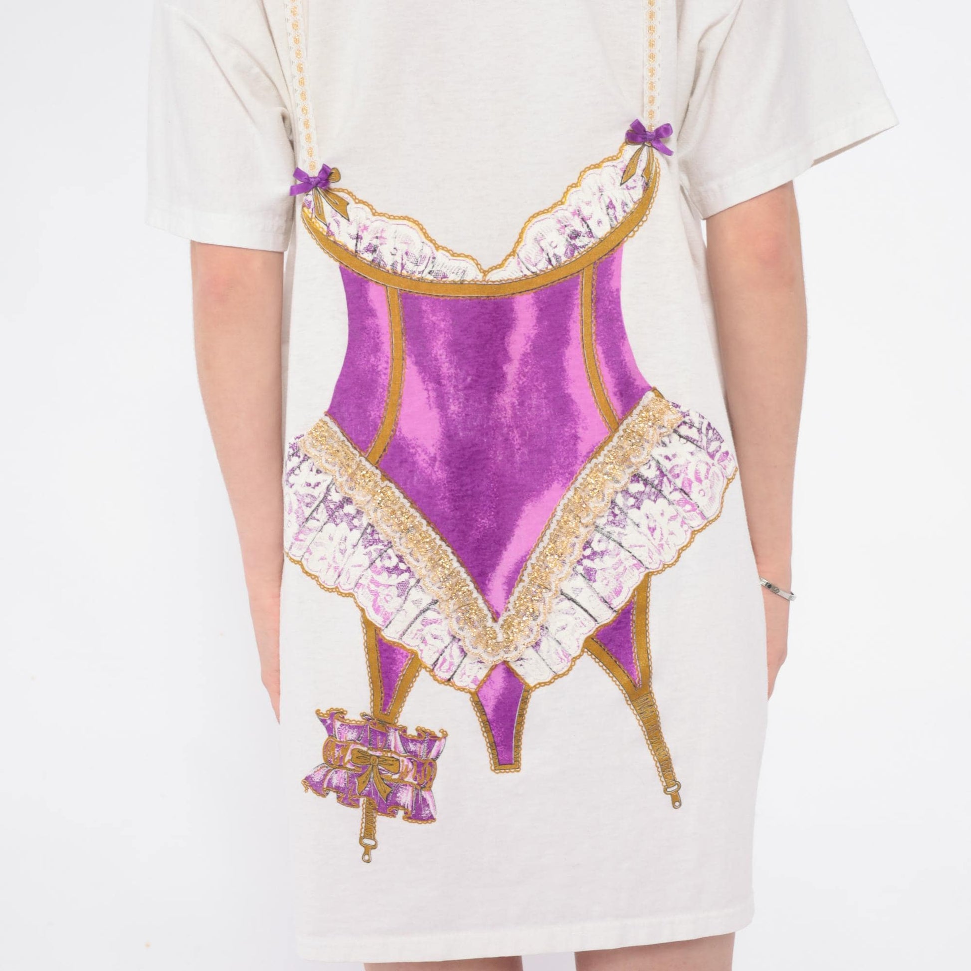 90s Heart To Heart Corset Print Nightshirt White Purple Graphic Sleep Tee One Size