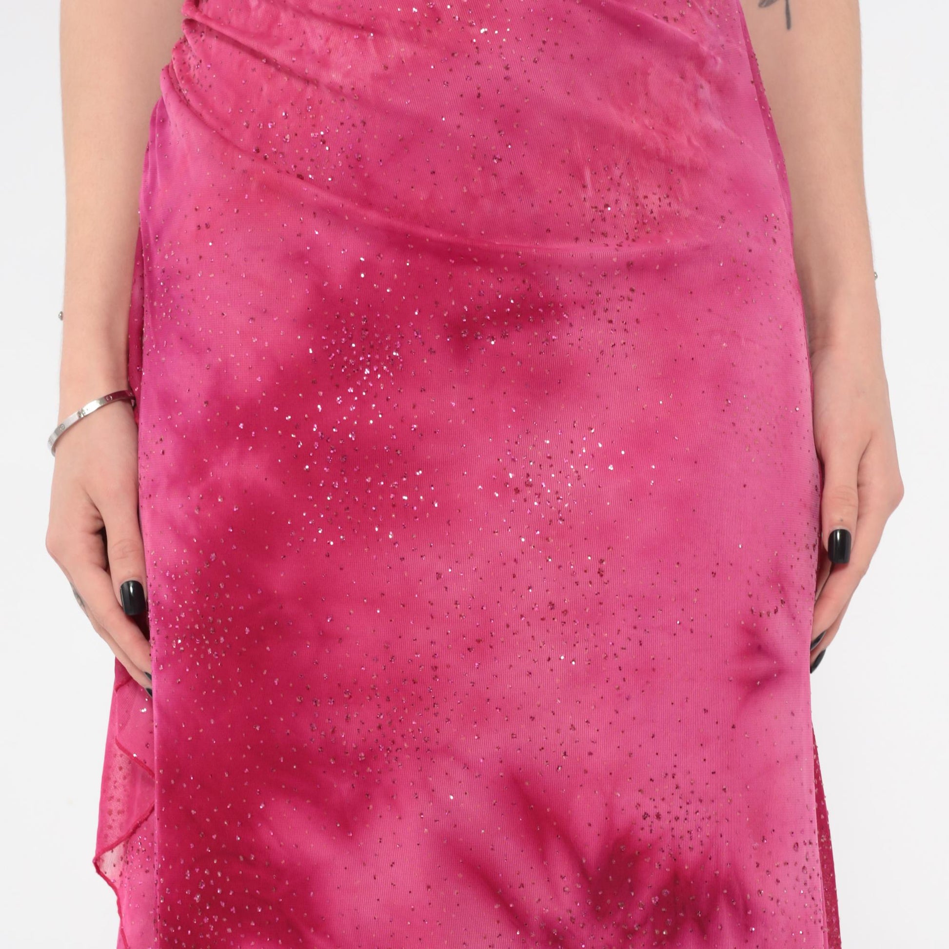 Y2K Hot Pink Sparkle Maxi Dress Ruched Spaghetti Strap Extra Small