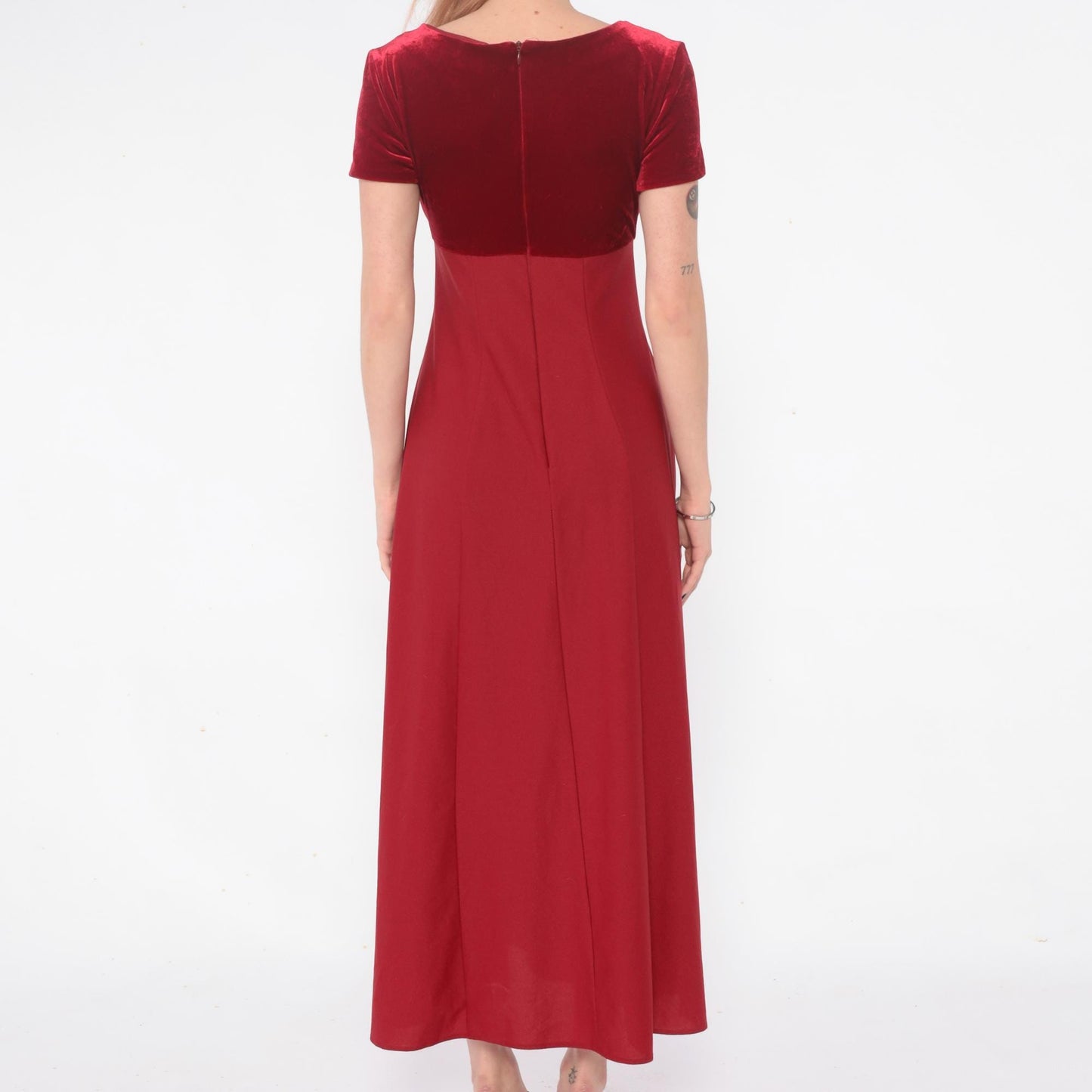 Y2K Burgundy Velvet Maxi Dress Empire Waist Color Block Small S