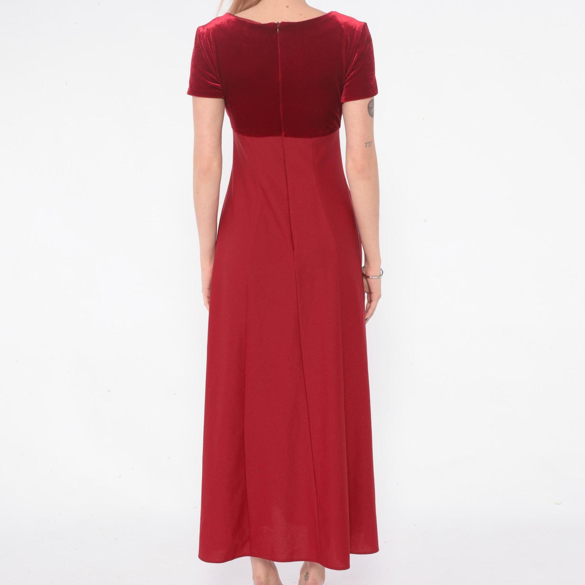 Y2K Burgundy Velvet Maxi Dress Empire Waist Color Block Small S