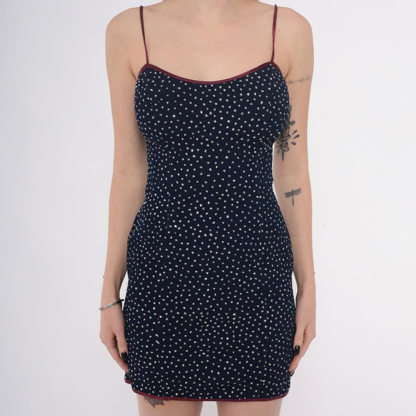 90s La Glo Dark Blue Mini Slip Dress Silver Glitter Dots Spaghetti Strap Small