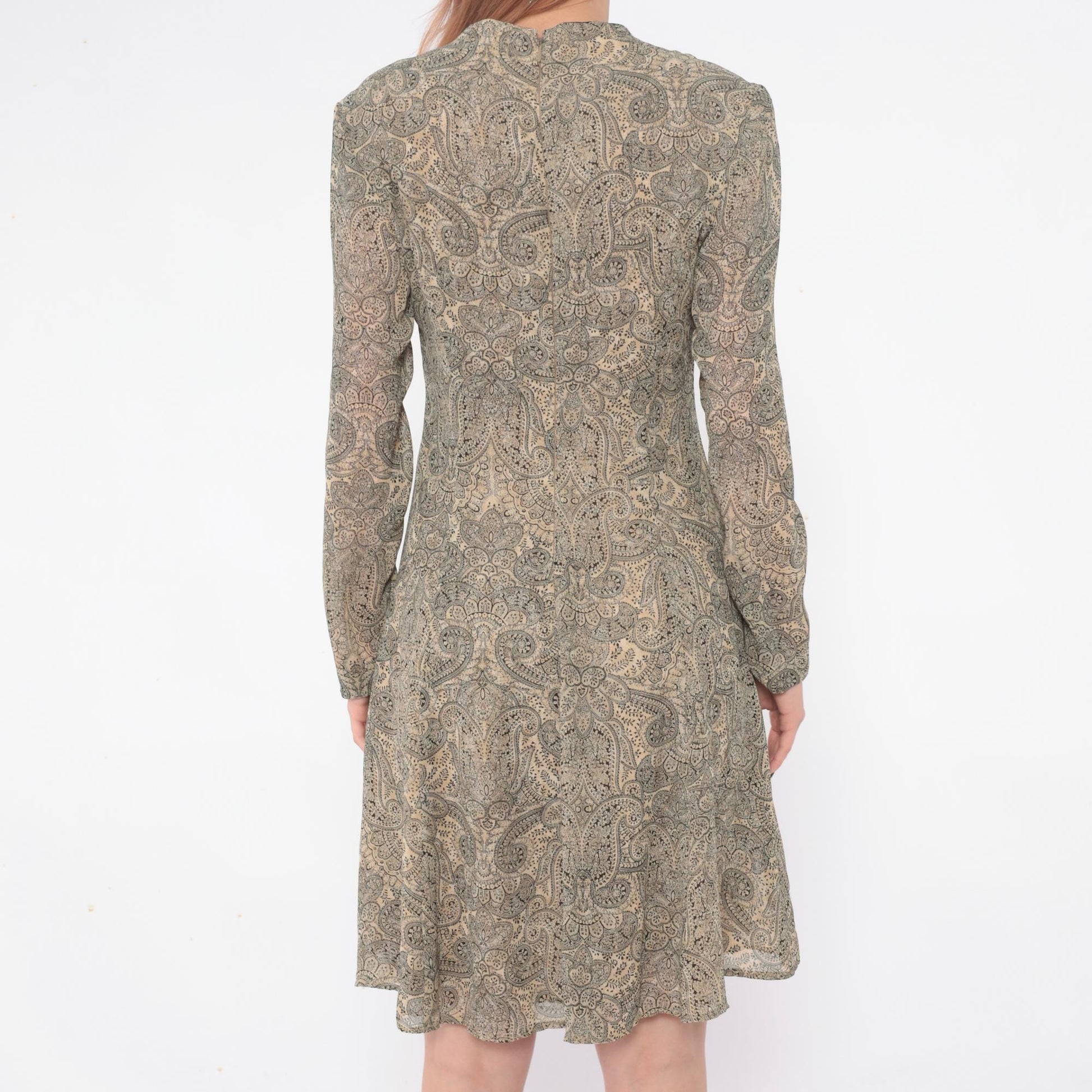 90s Liz Claiborne Paisley Midi Dress Square Neck Long Sleeve Sage Green Small