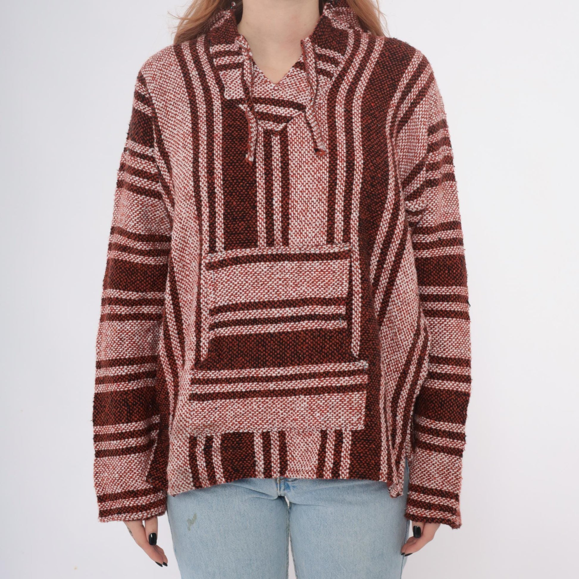 Y2K Baja Hoodie Brown Tan Striped Woven Pullover Kangaroo Pocket Medium M