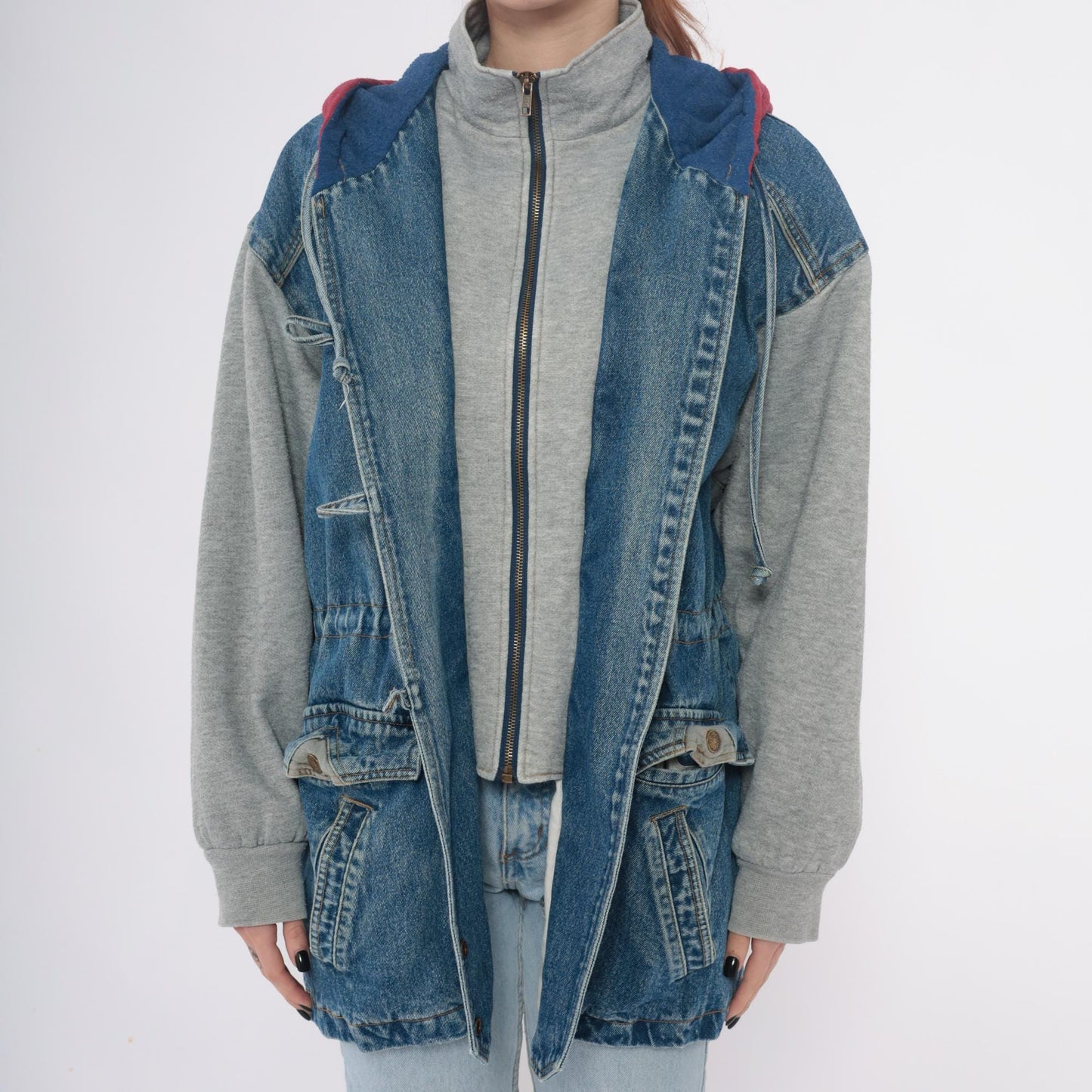 90s New York Girl Denim Jacket Colorblock Hood Toggle Closure Medium M