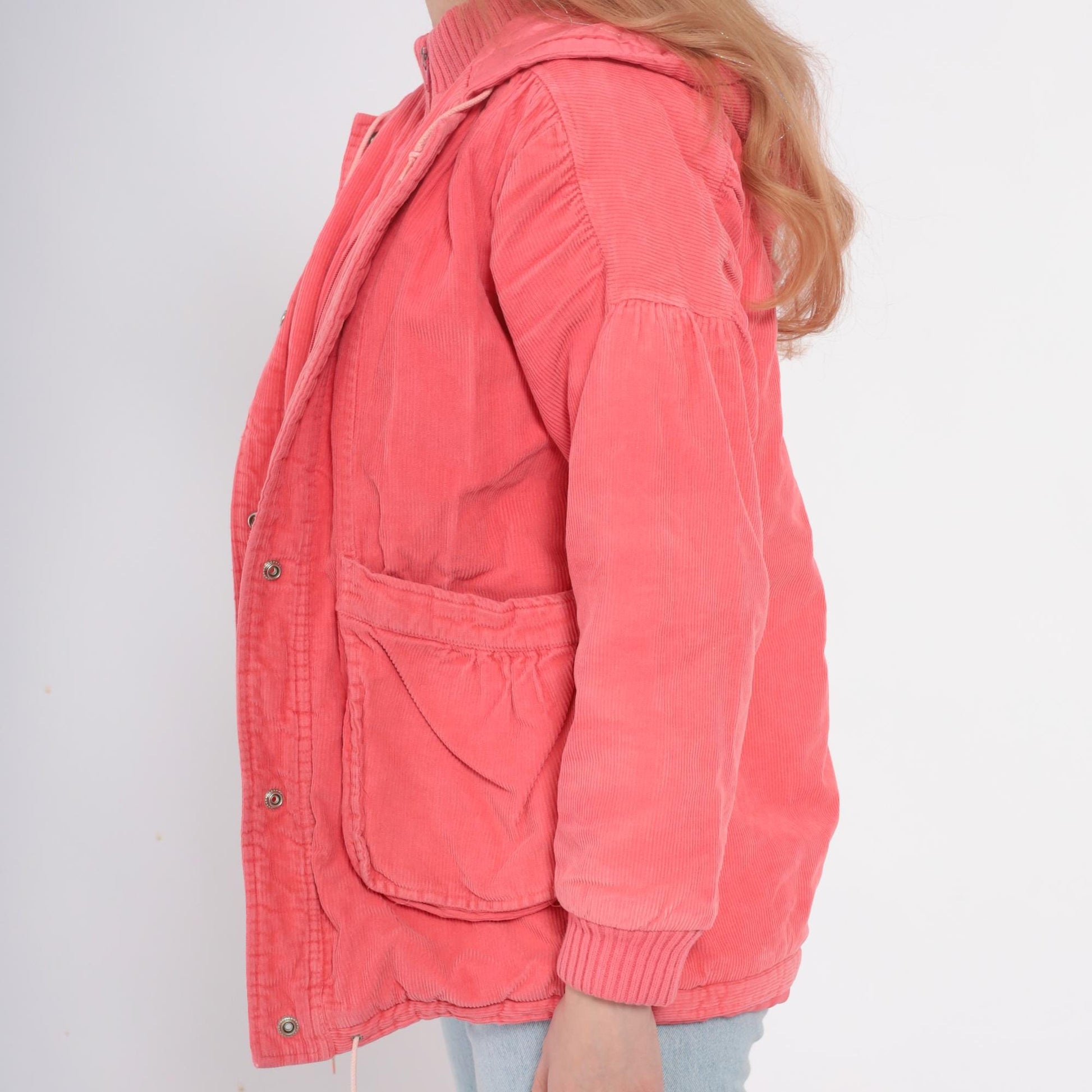 80s Coral Corduroy Hooded Puffer Jacket Zip Front Ribbed Cuffs Small S